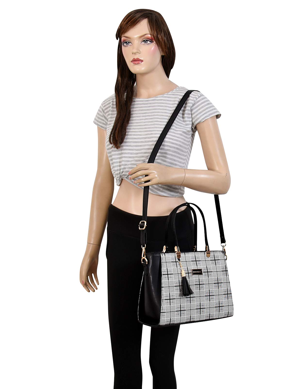 BELLISSA Women's Checkered Print PU Leather Handbag & Wallet Set - Adjustable Shoulder Bag with Detachable Strap & Matching Wallet (2-Piece Set) | Perfect for Work, Travel and Everyday Use