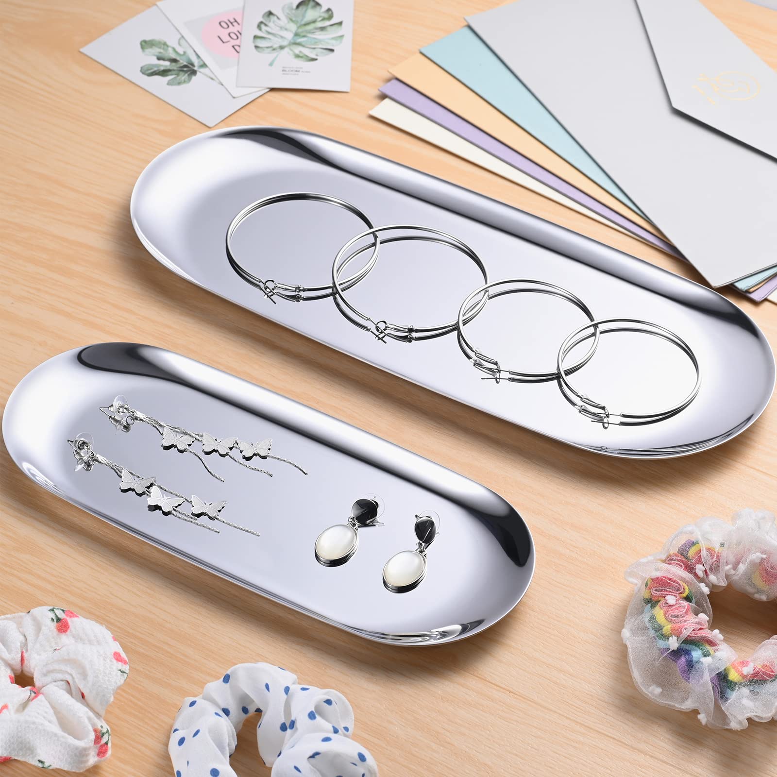 2-Piece Silver Oval Stainless Steel Coffee Table Tray - Elegant Jewelry Organizer, Cosmetic Display, Candle Holder & Candy Dish for Living Room, Bedroom Decor & Gift Giving