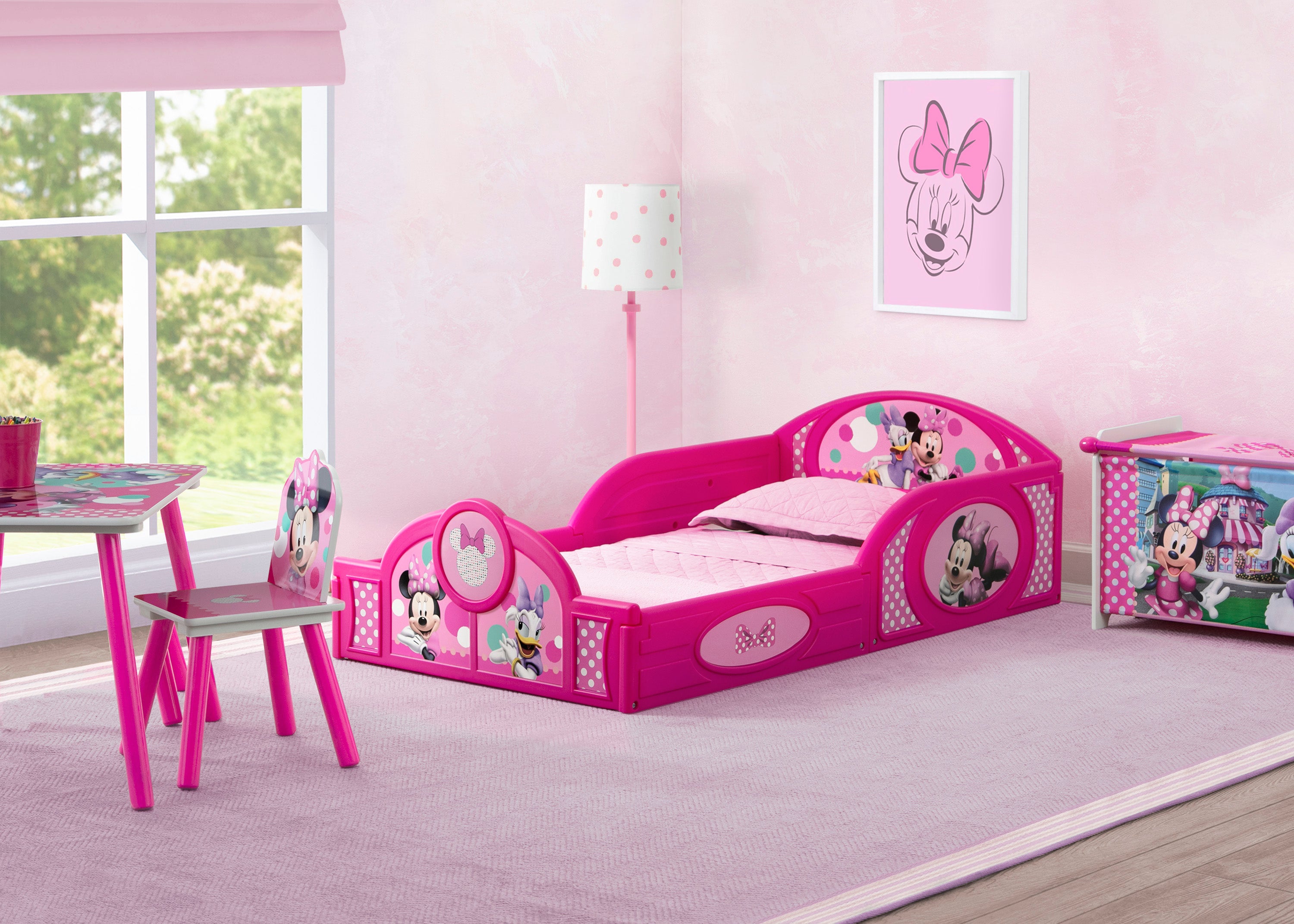 Minnie Mouse 4-Piece Toddler Bedroom Set - Includes Toddler Bed, Play Table, Chair & Toy Storage Box | Disney-Themed Nursery Decor for Girls' Room | Perfect for Playtime, Naptime & Organization