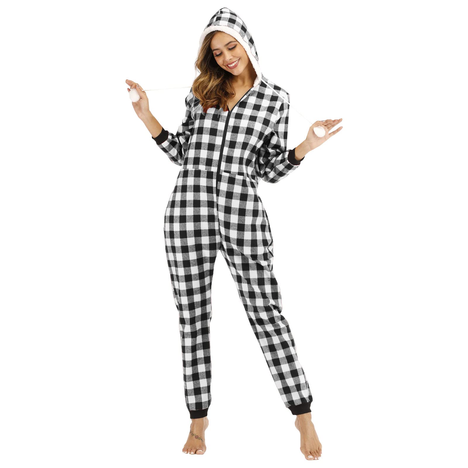Women's Plaid Hooded Onesie - Soft Cotton Long Sleeve Zip-Up One Piece Pajamas & Loungewear for Cozy Nights, Winter Sleepwear & Casual Home Wear