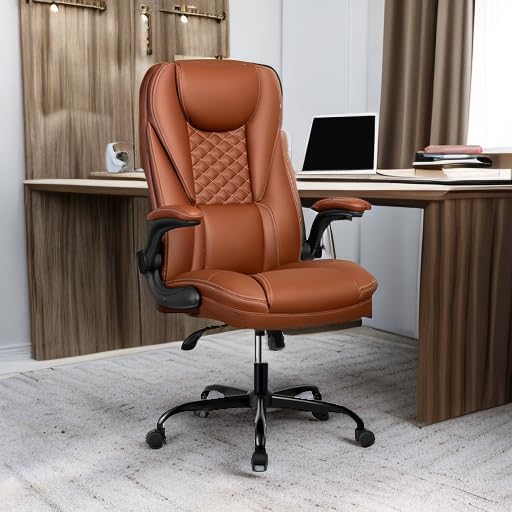 Premium Big and Tall Executive Office Chair - Ergonomic Leather High Back Chair with Lumbar Support & Adjustable Flip-Up Arms - Home Office Desk Computer Chair (Brown) - Perfect for Long Work Hours & Gaming Sessions