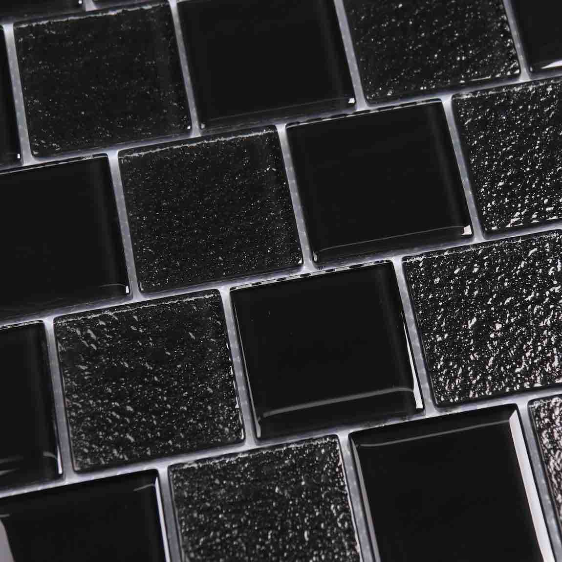 Black Glass Mosaic Tile 2x2 - Staggered Pattern for Kitchen Backsplash, Bathroom Wall, and Pool Design