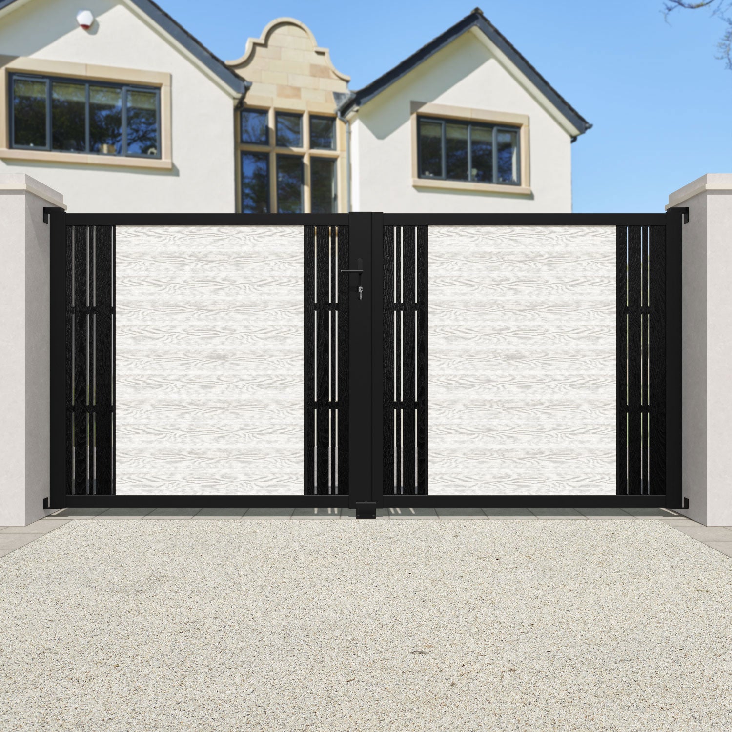 Classic Linea Straight Top Driveway Gate in Light Stone - Middle & End Screen for Enhanced Privacy & Security | Perfect for Residential & Commercial Properties