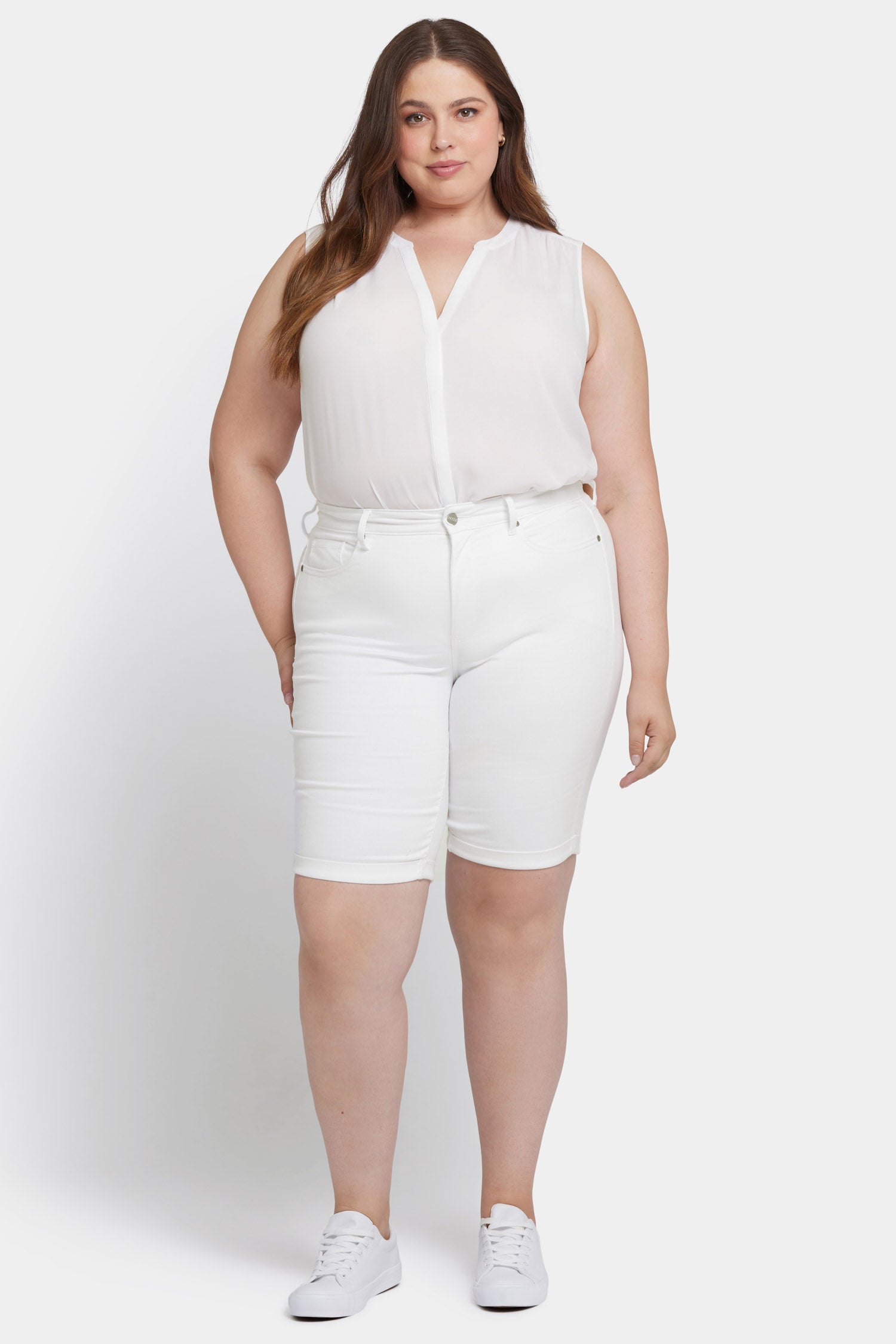 Briella 11 Inch Denim Shorts for Women - Plus Size High Waisted Stretch Shorts in Optic White | Perfect for Summer, Beach, and Casual Outfits