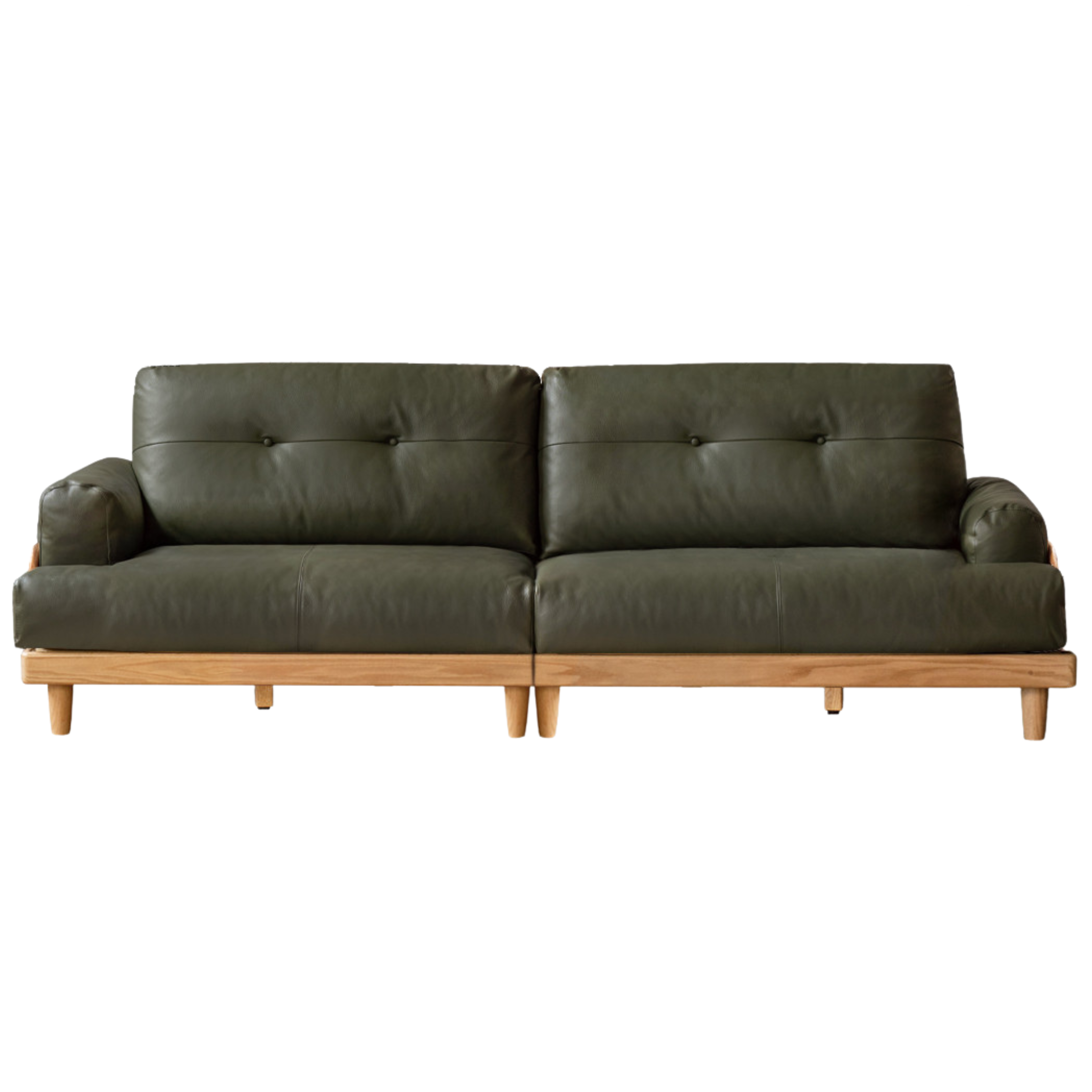 111.8x33x35.8 inch / 284x84x91 cm / Natural Wood Color / Sofa leather dark green