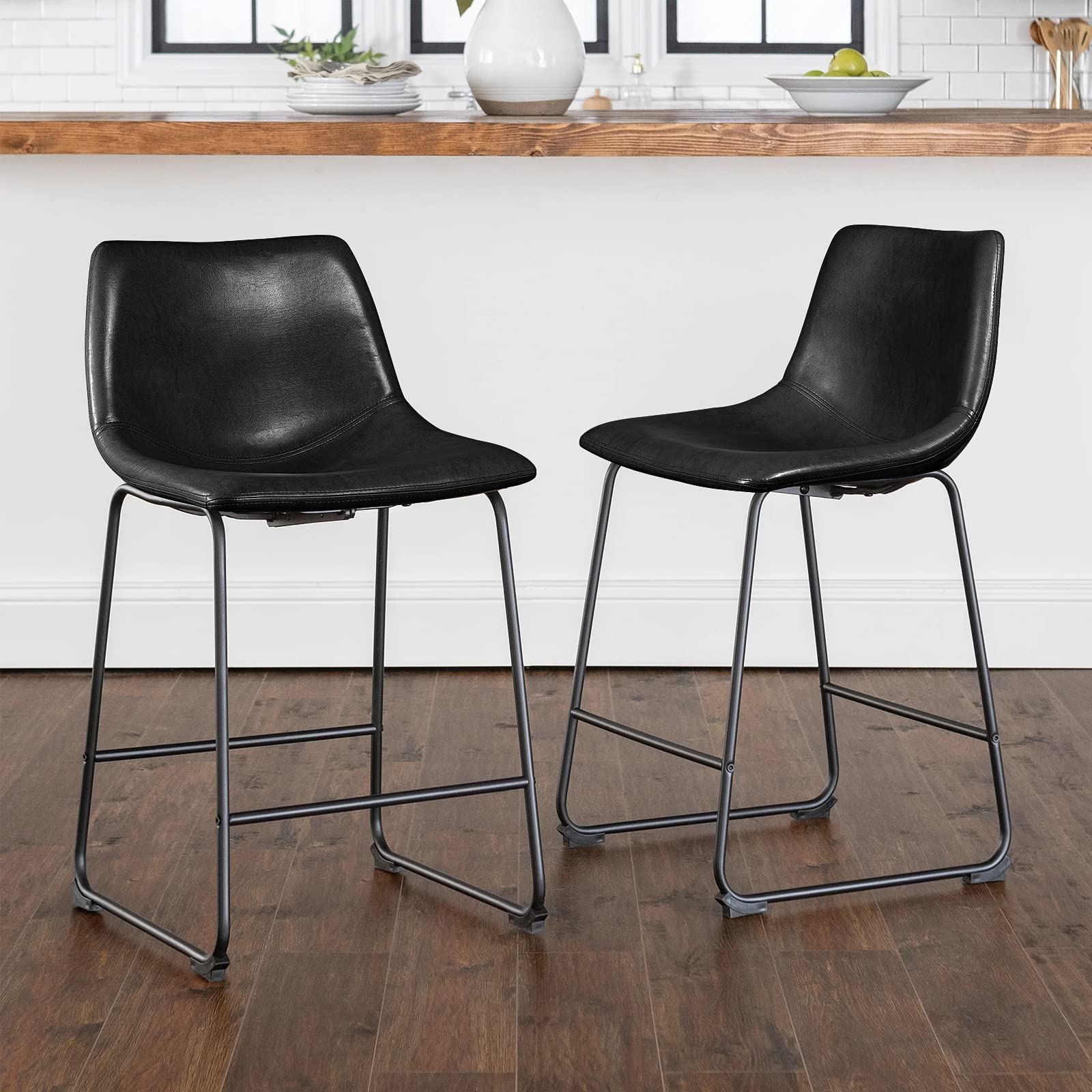 LEMBERI 26 Inch Bar Stools Set of 2 - Modern Counter Height Bar Stools with Faux Leather Upholstery & Metal Legs - Back Support Armless Bar Chairs for Kitchen Island, Breakfast Nook, or Home Bar (Black, 2 Pack)