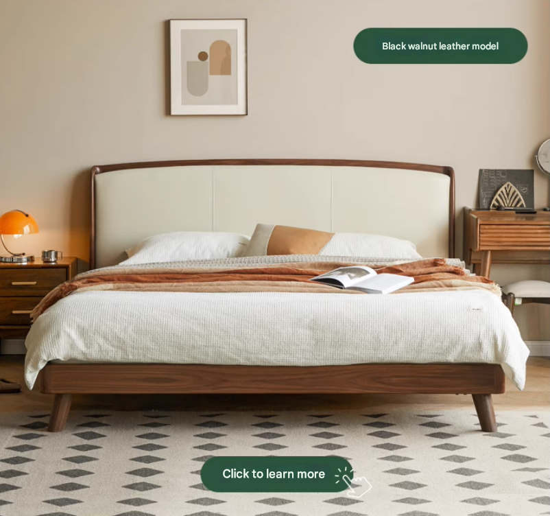 Premium Solid Oak Wood Bed Frame with Genuine Leather Headboard & Tech Fabric Upholstery - Modern Bedroom Furniture for Master Suite, Guest Room, or Apartment