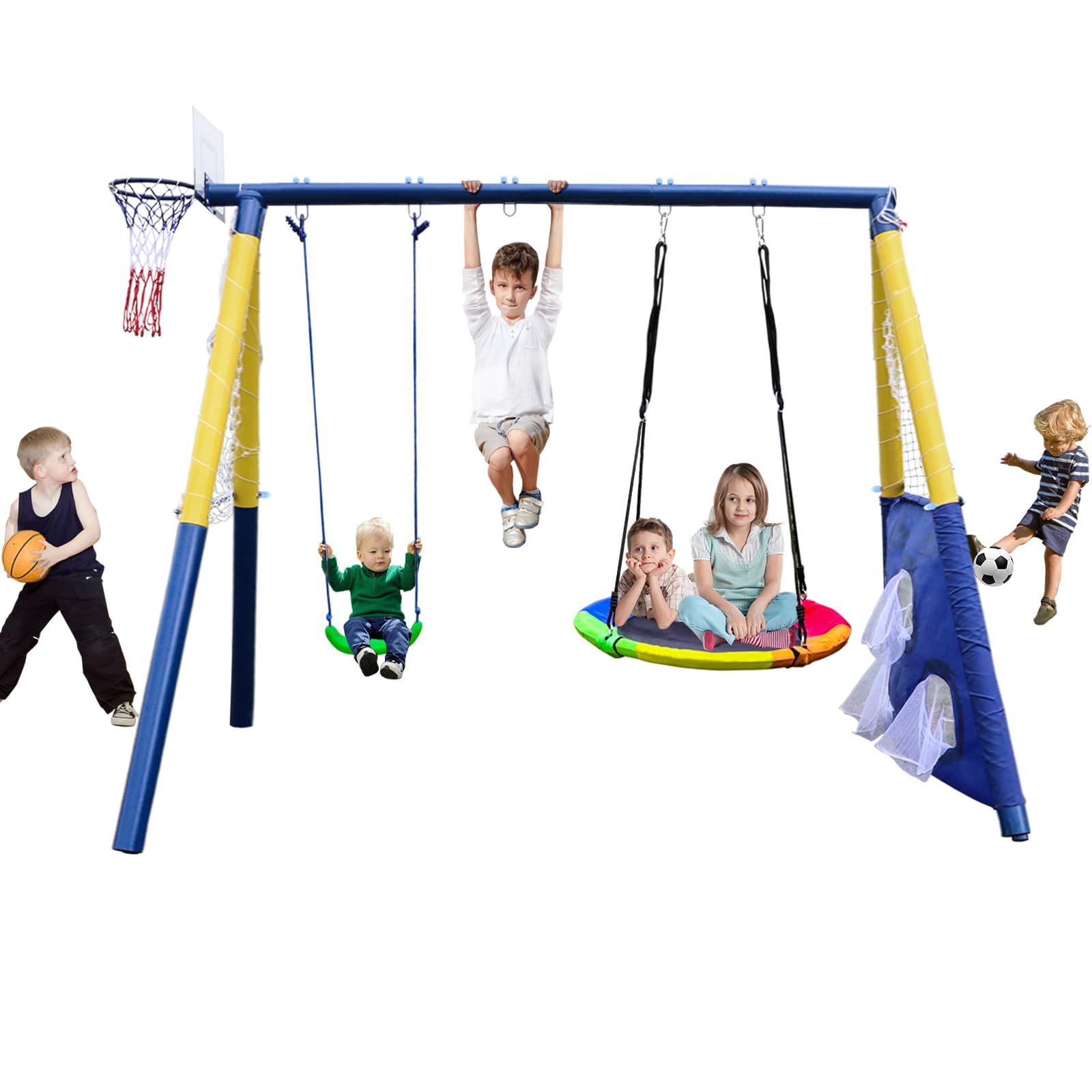 440lbs Heavy Duty 2-Seat Outdoor Swing Set for Kids - A-Frame Metal Stand with Saucer Swing, Belt Swing, Basketball Hoop & Soccer Goal - Perfect for Backyard, Park & Playground Fun