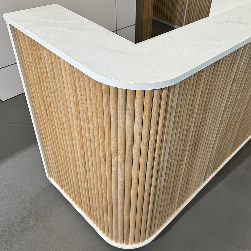 Premium HALO 180cm Reception Desk - Solid Oak & White Finish - Perfect for Office, Hotel, and Corporate Lobby Reception Areas