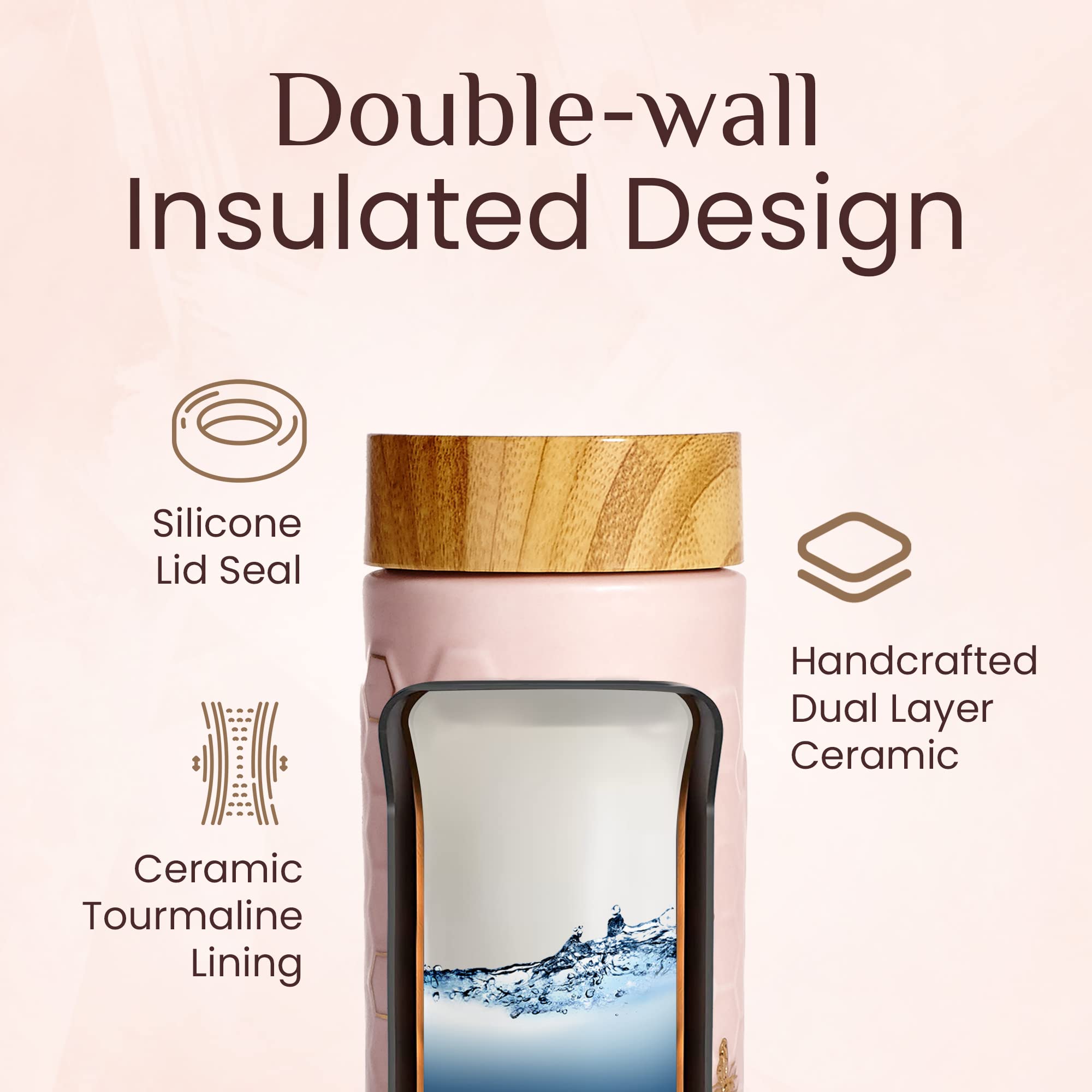 ACERA Liven Honey Bee Ceramic Travel Mug - 16oz Insulated Tumbler with Leak-Proof Lid, Double-Walled Ceramic Coffee Cup for Tea, Juice & Hot/Cold Drinks - Pink & Gold Design - Perfect for Office, Travel & Outdoor Activities