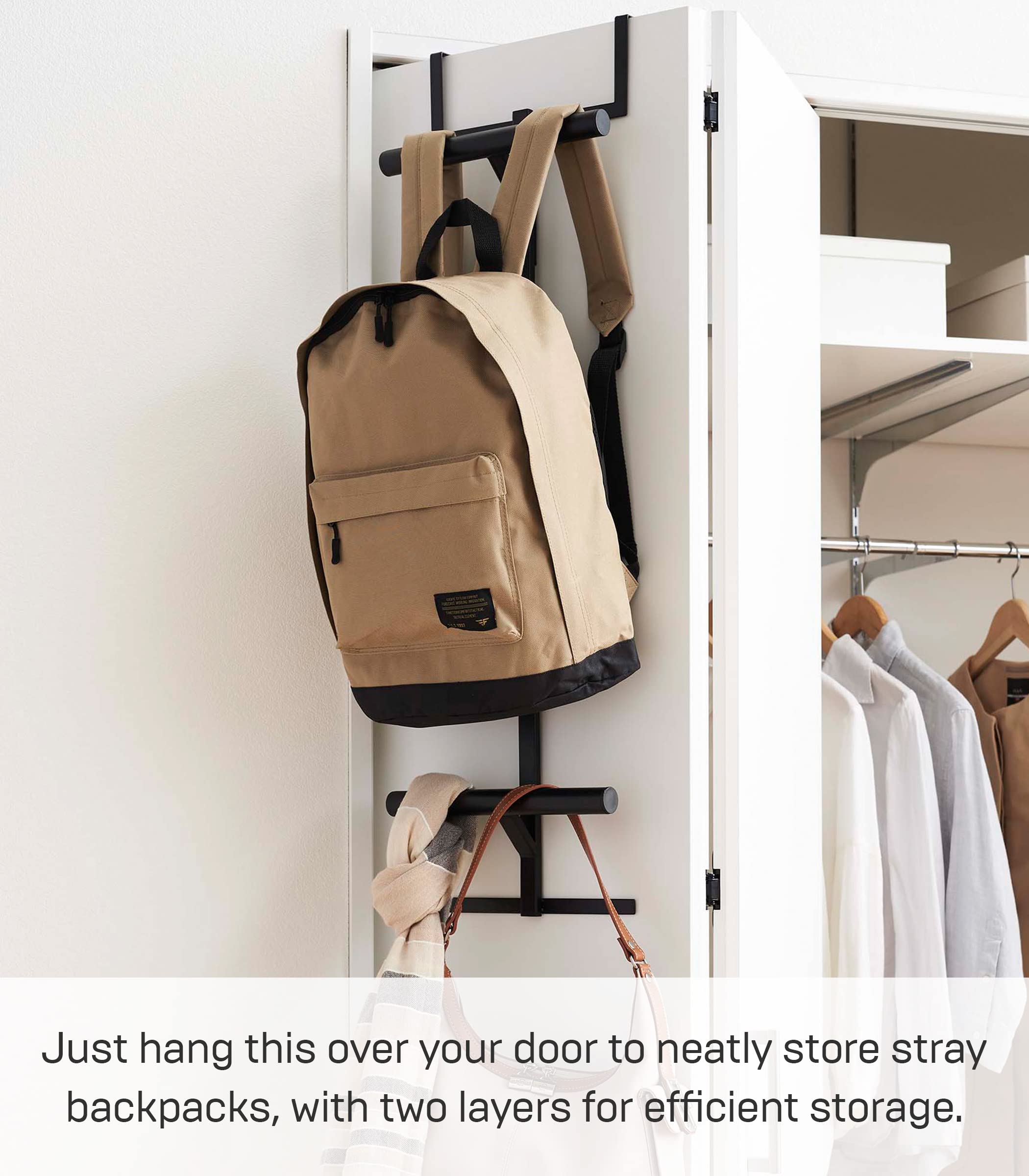 Yamazaki Home Over The Door Backpack Hanger - 2-Tier Metal Storage Rack for Closet & Bedroom Organization | Easy Install Steel Hook | Perfect for Dorm, Kids Room & Small Space Storage