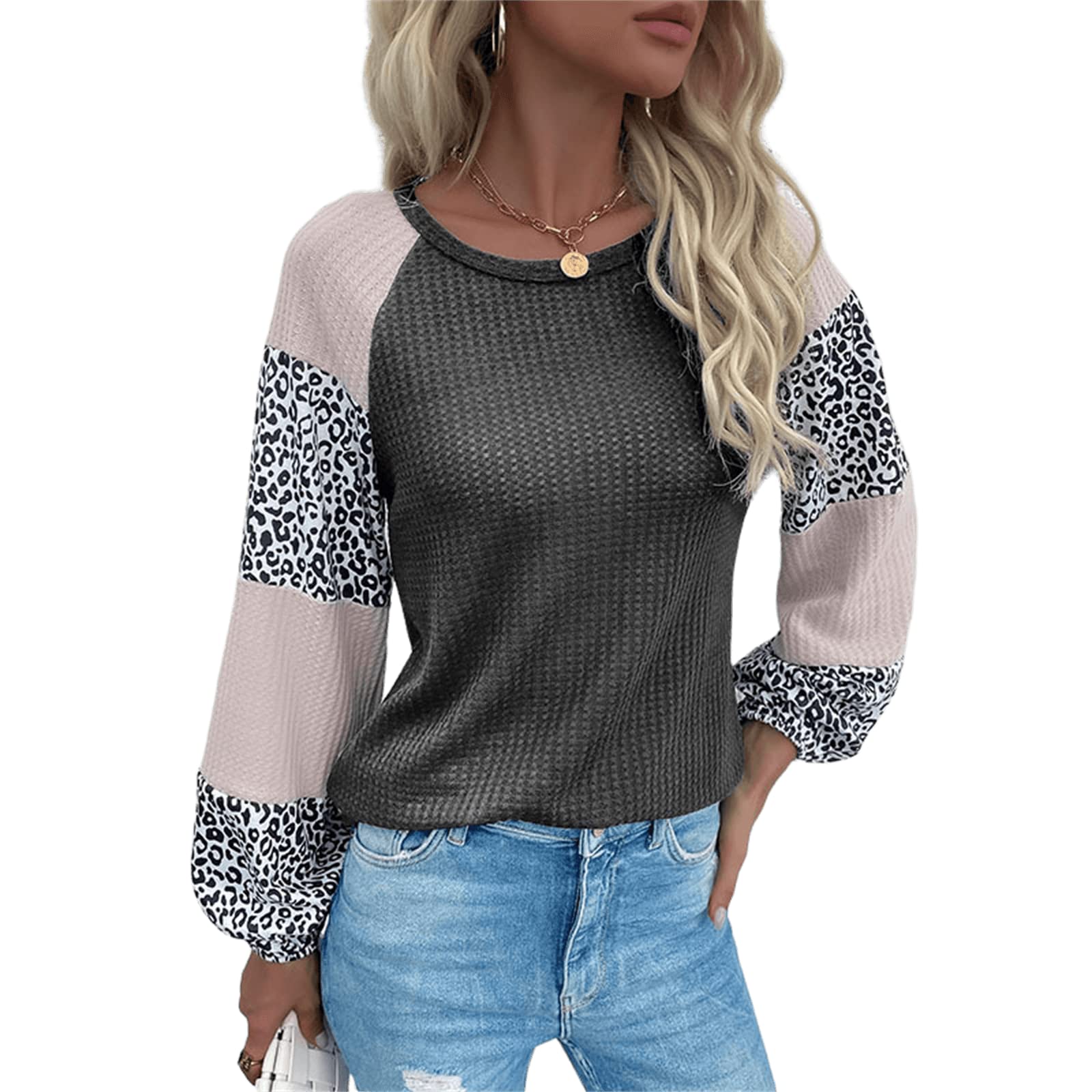 Women's Leopard Print Waffle Knit Sweatshirt - Crew Neck Long Sleeve Pullover with Plaid Patchwork & Puff Sleeve Detail | Cute Casual Sweater for Fall Outfits, Coffee Dates & Weekend Errands