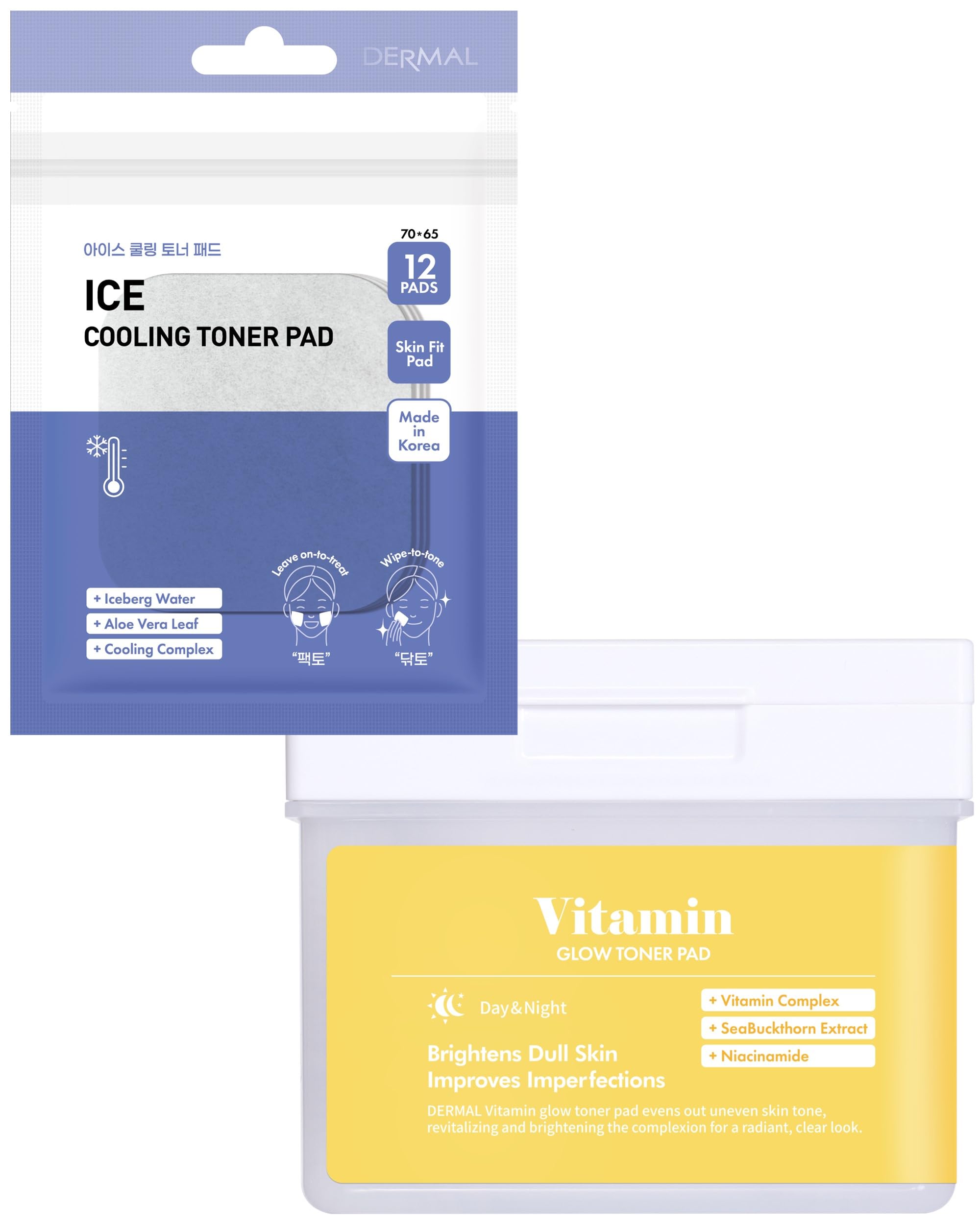 Dermal Vitamin Toner Pad & Ice Cooling Toner Pad Bundle - Exfoliating & Soothing Facial Treatment for Acne, Pores & Glowing Skin | Korean Skincare Routine for Morning & Night Use