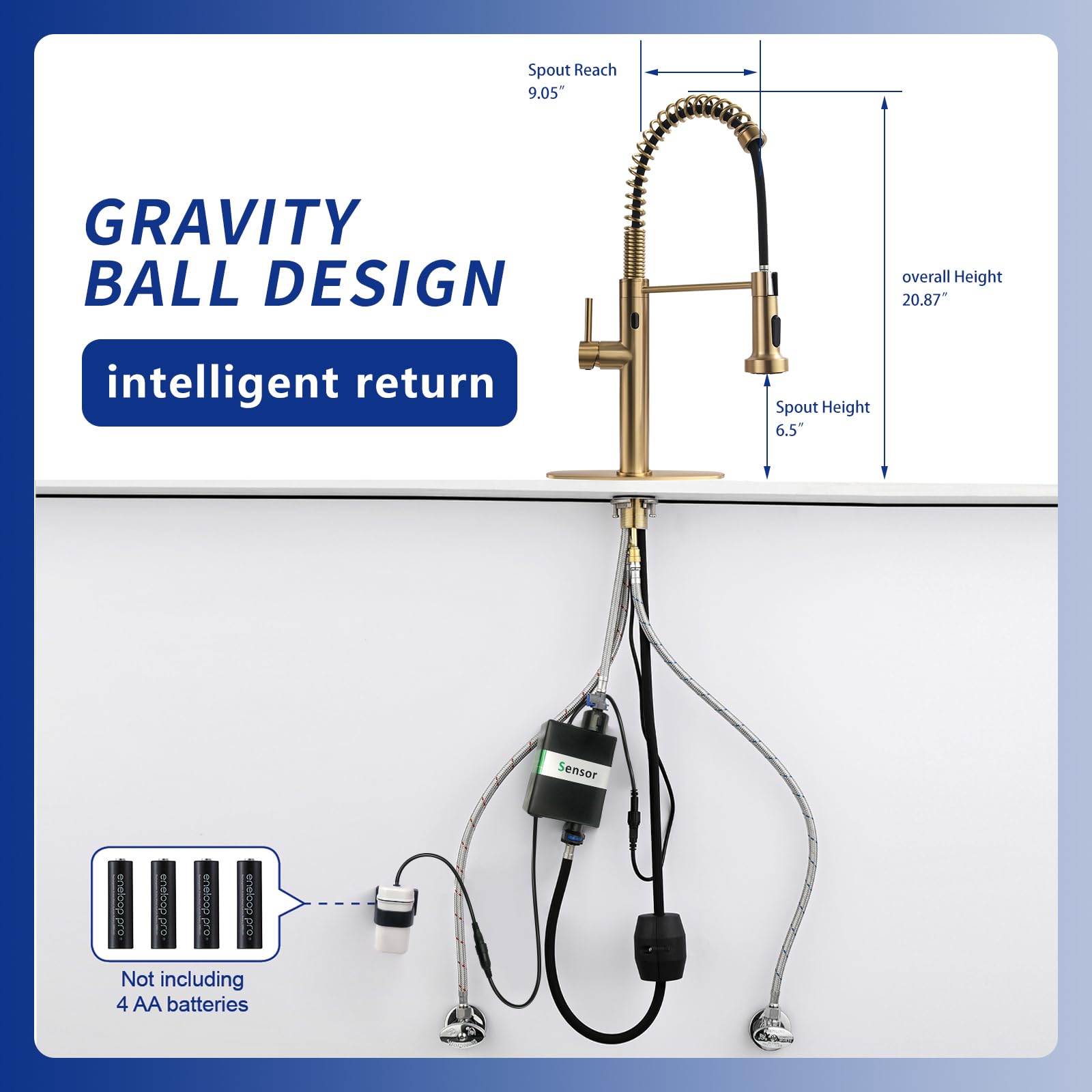 Fapully Touchless Kitchen Faucet with Pull Down Sprayer, Brushed Gold Motion Sensor Smart Single Handle Faucet for Kitchen Sink - Ideal for Modern Homes and Commercial Use