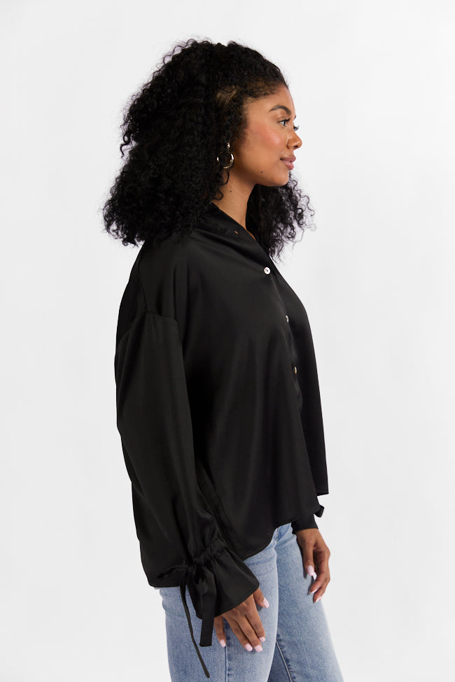 Think It Through Black Bow Cuff Satin Button Down Shirt for Women - Elegant Office Wear & Special Occasion Blouse - Final Sale