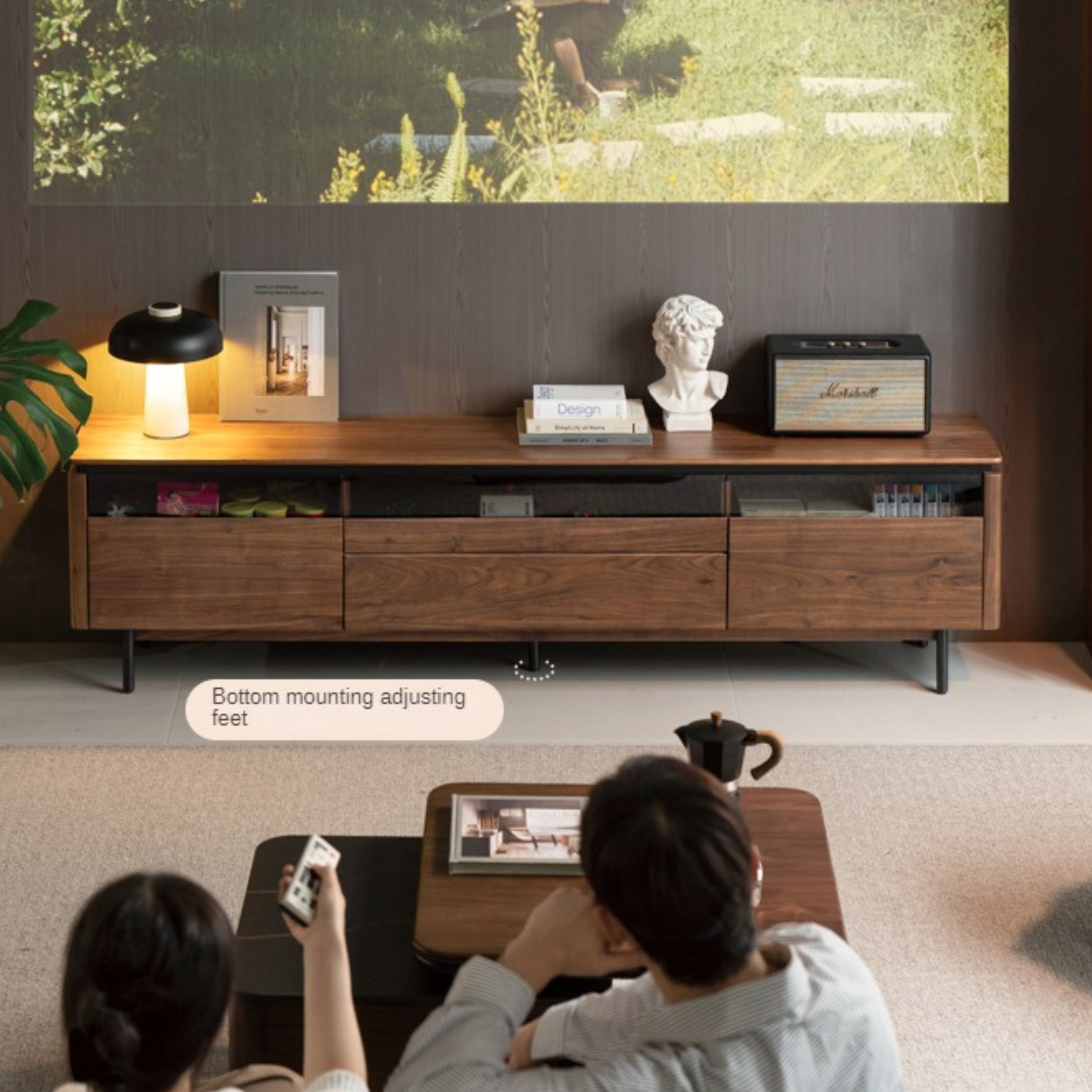 Premium Black Walnut Solid Wood TV Stand - Modern Entertainment Center with Storage Shelves for Living Room, Bedroom & Home Theater Setup