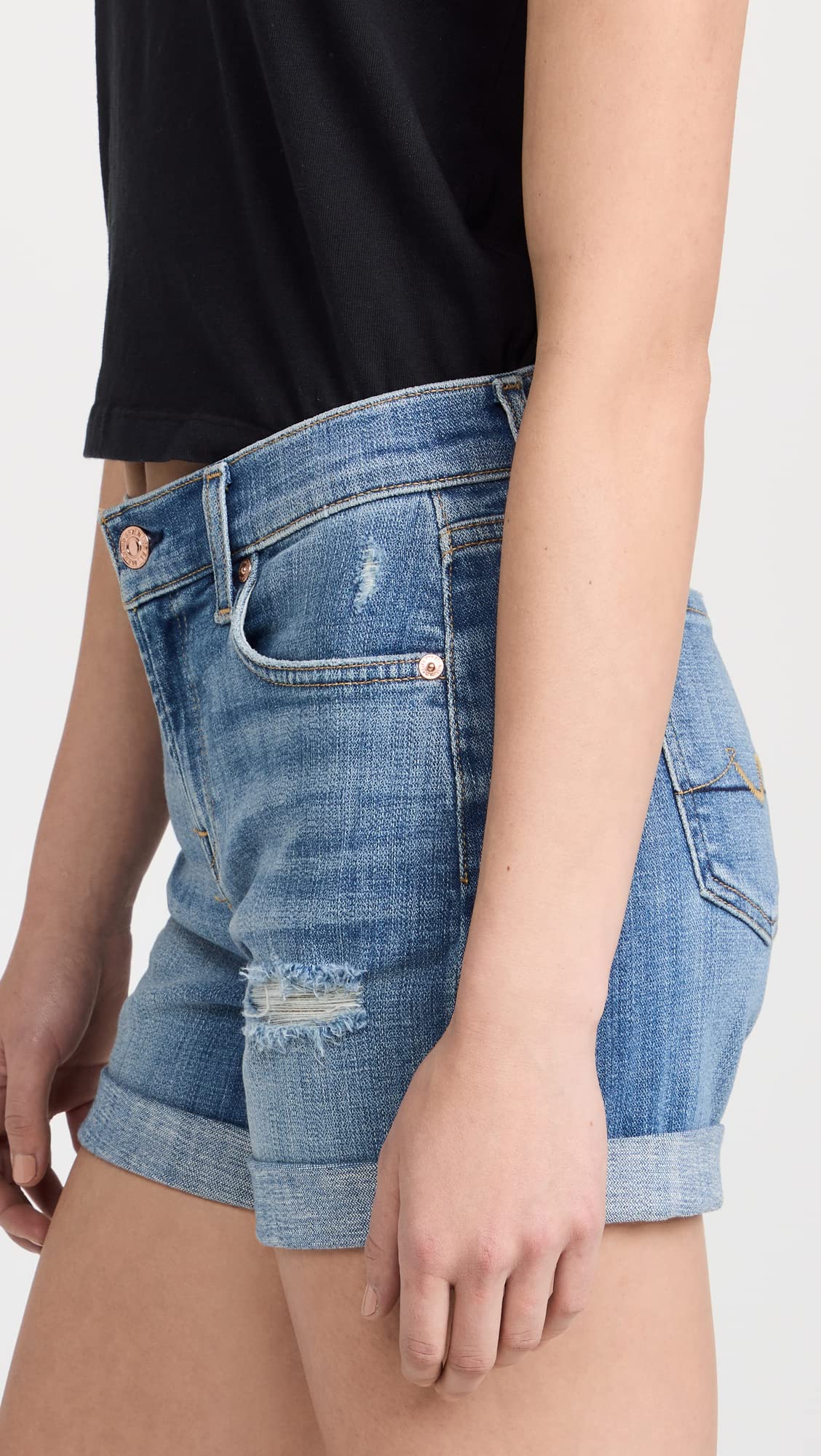 7 For All Mankind Women's Mid-Roll Destroyed Denim Shorts - Light Wash Distressed High Waist Shorts for Summer | Casual Outfits, Beach Wear & Street Style