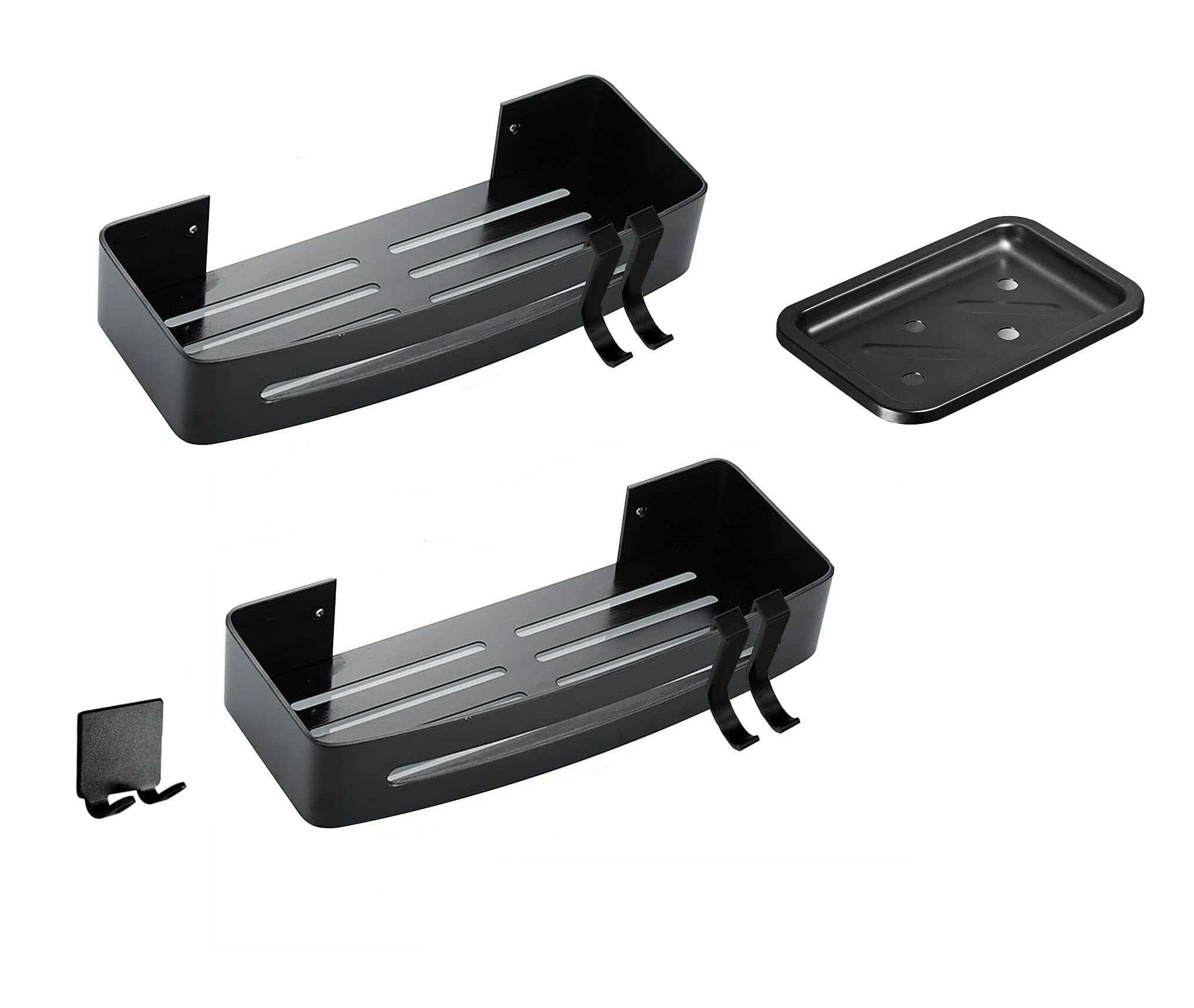 BebLP 2 Pack Black Shower Bath Shelf with Hooks - Bathroom Storage Organizer Rack for Shampoo, Soap & Accessories - Perfect for Shower, Bathtub & Home Organization