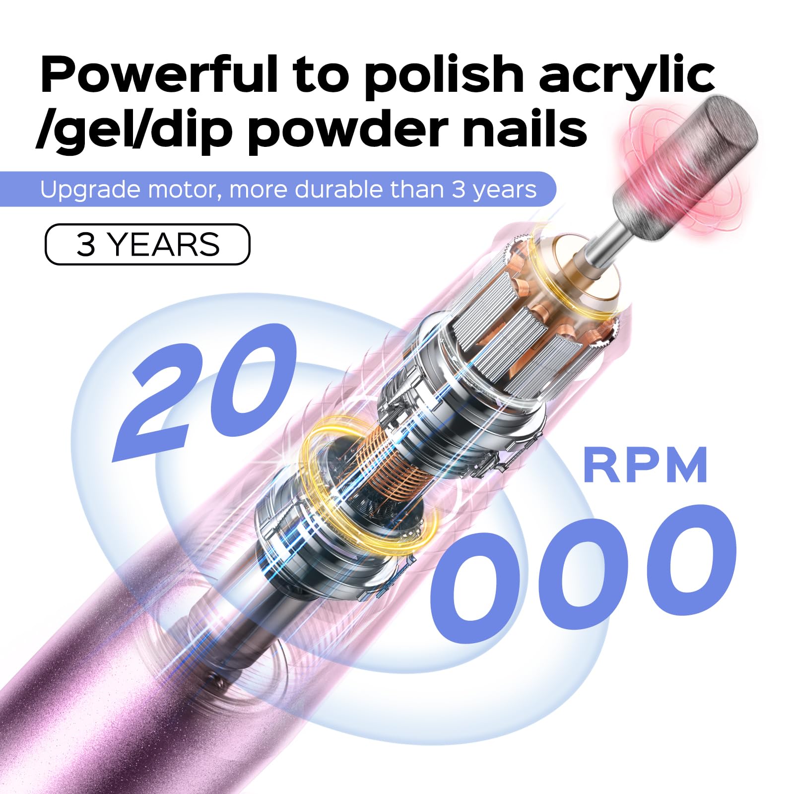 Professional Electric Nail Drill File Kit - COSLUS Portable Manicure Pedicure Machine for Acrylic, Gel & Dip Powder Nails | Includes Sanding Bands & Drill Bits | Cuticle & Dead Skin Care | Perfect for Salon & Home Nail Care (Purple)