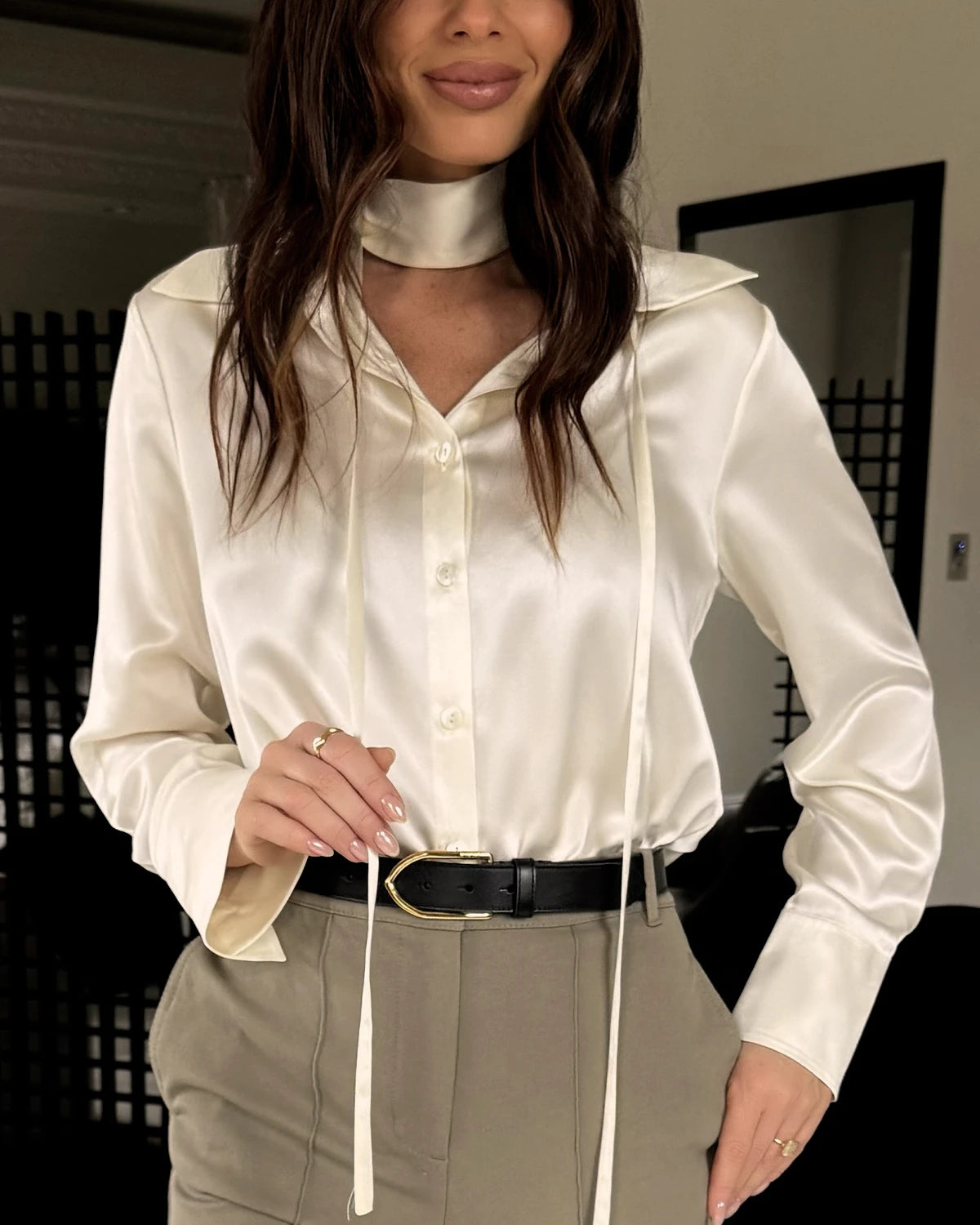 Women's Loose Tie Neck Silk Blouse - Elegant Casual & Office Wear for Women - Perfect for Work, Date Night & Special Occasions