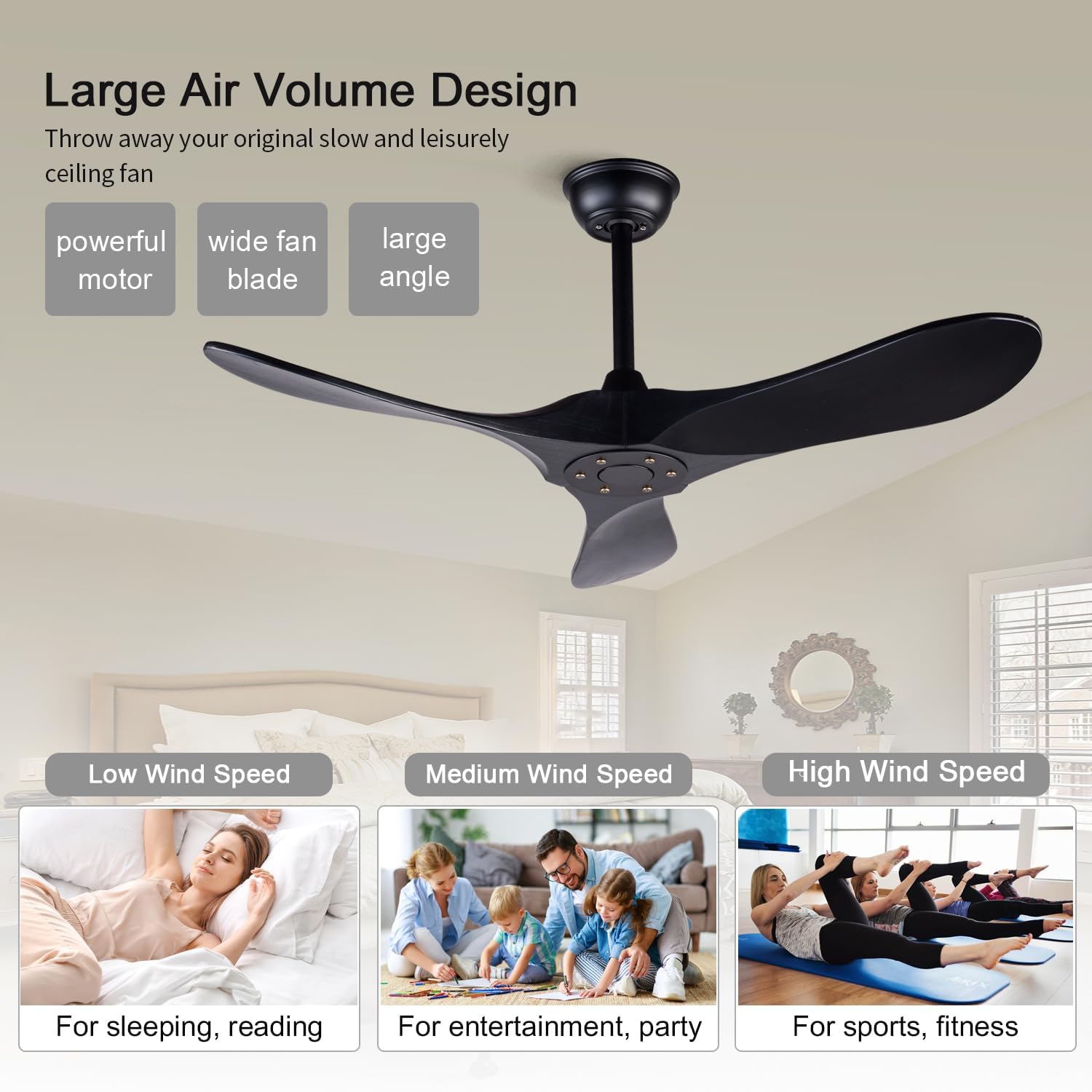 BOJUE 42 Inch Black Ceiling Fan with Remote Control - 3 Solid Wood Blades, No Light, Indoor/Outdoor Use for Patio, Bedroom, Kitchen & Living Room - Quiet & Energy Efficient Cooling Solution