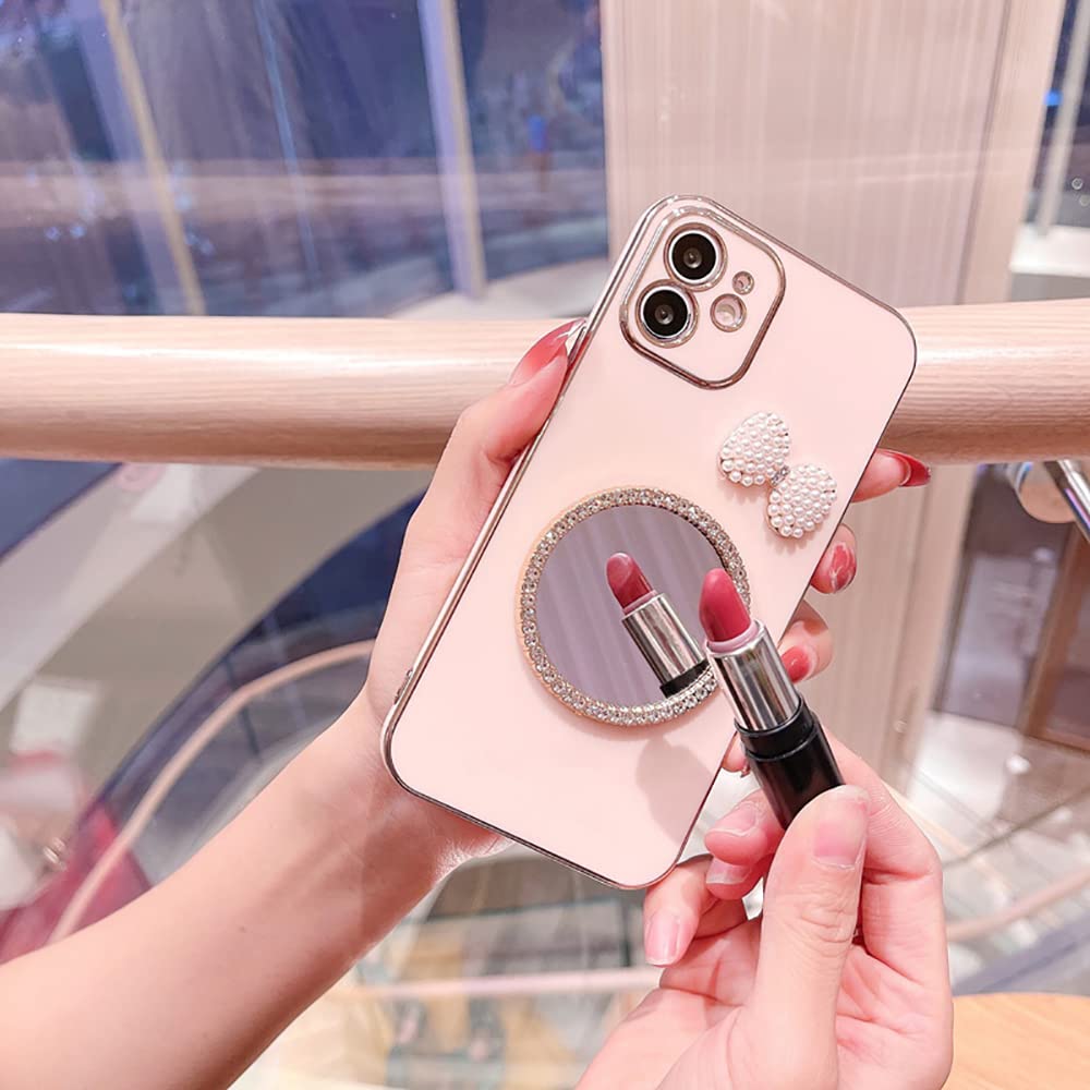 iPhone 13 Pro Max Mirror Case with Pearl Bow & Diamond Round Makeup Mirror - Slim Soft Flexible TPU Protective Cover for Women & Girls (6.7 Inch, Purple) - Perfect for Makeup Touch-ups & Selfies On-The-Go