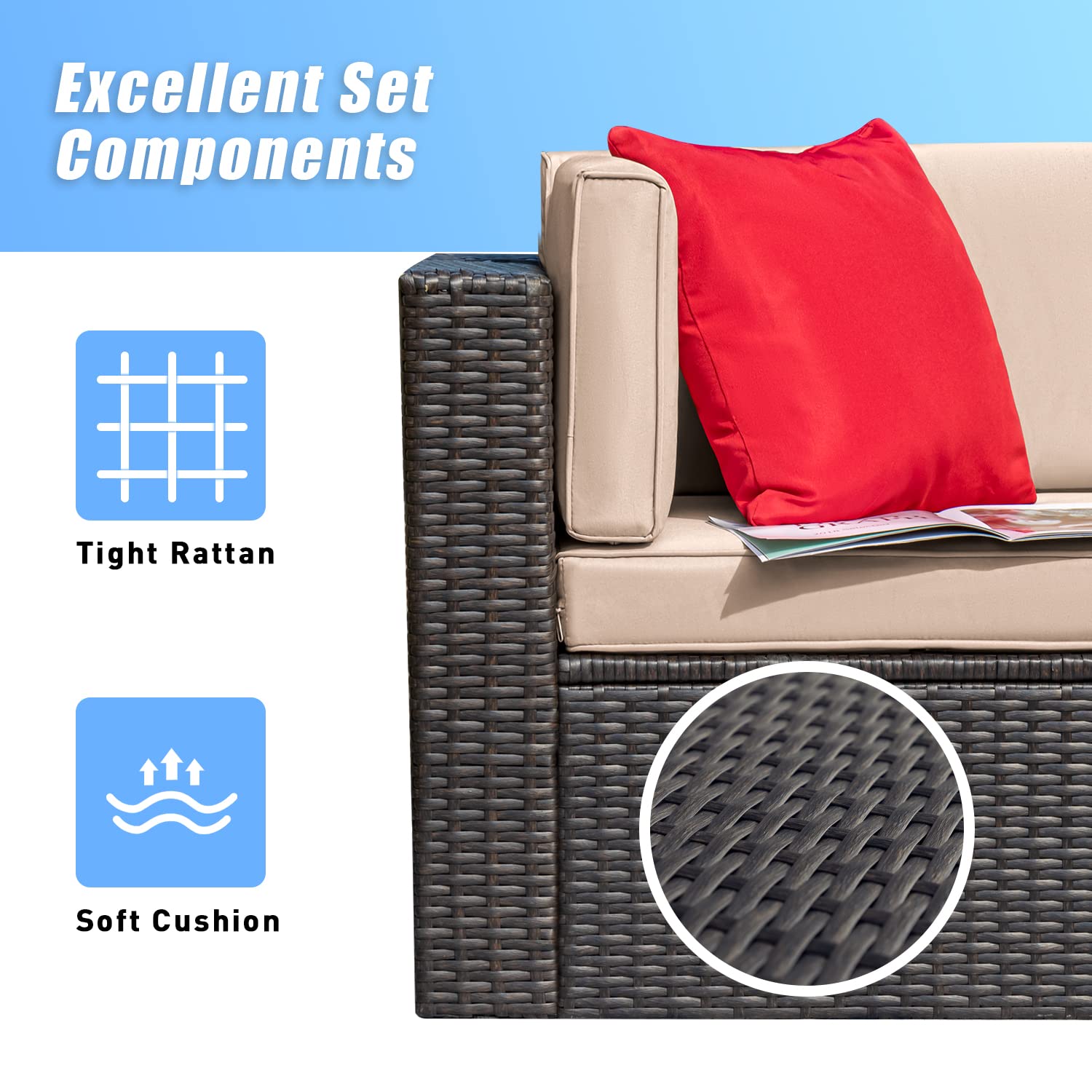 5-Piece Patio Furniture Set Outdoor/Indoor Sectional Wicker Rattan Sofa with Cushions, Pillows & Glass Table - Light Beige - Perfect for Backyard, Garden, Poolside & Sunroom Relaxation