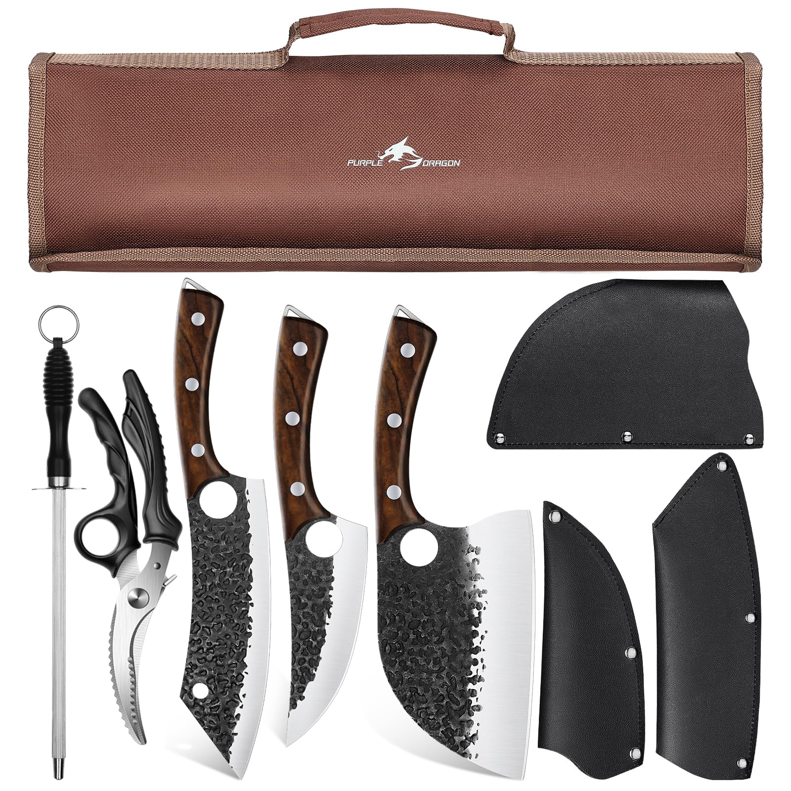 9-Piece Purple Dragon Chef Knife Set - High Carbon Steel Hand-Forged Kitchen Knives with Boning, Carving & Cleaver Knives - Includes Roll Bag for Storage - Perfect for Home Cooking, BBQ & Camping