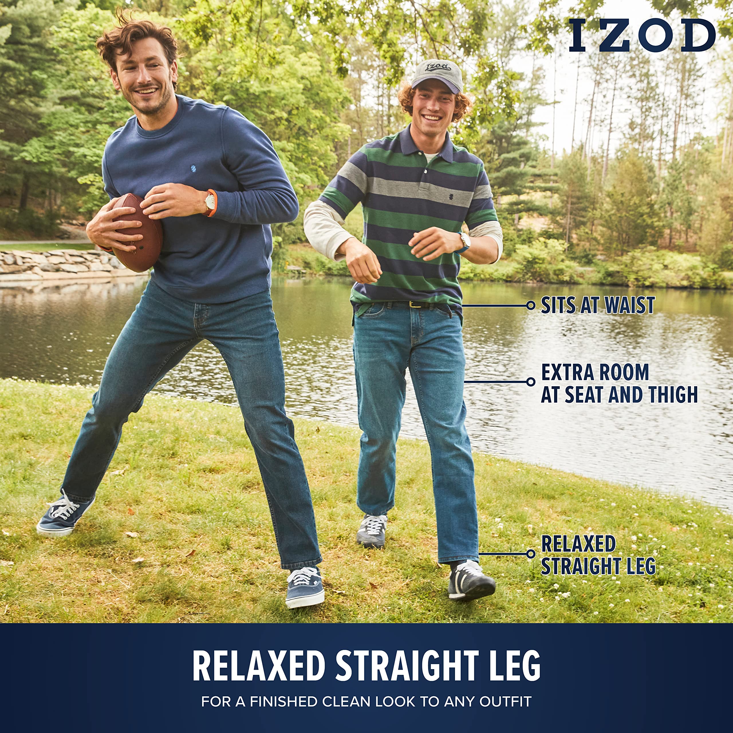 IZOD Men's Relaxed Fit Stretch Denim Jeans - Comfortable Pull On Casual Pants with Expanded Leg for Everyday Wear | Office, Weekend & Outdoor Activities