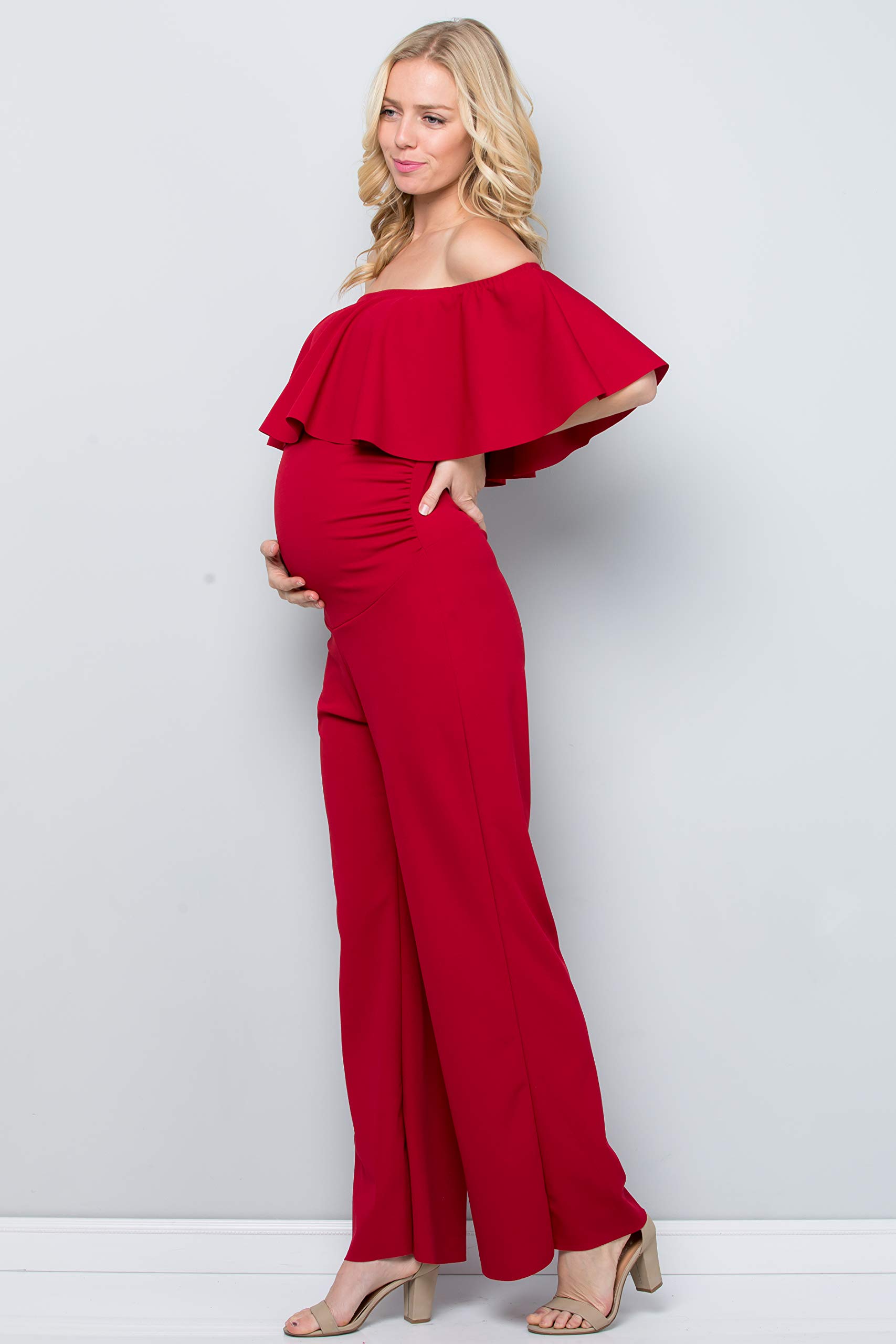 My Bump Maternity Ruffle Off Shoulder Jumpsuit - Made in USA | Comfortable Pregnancy Outfit for Baby Shower, Maternity Photoshoot & Special Occasions