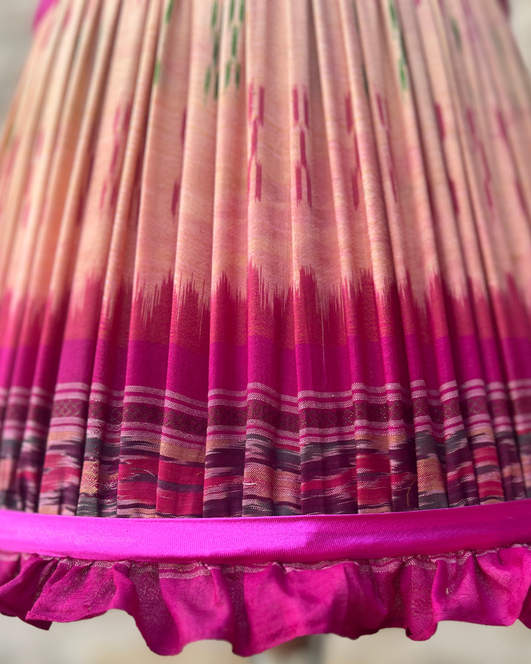 36cm Peach and Pink Frilly Silk Sari Lampshade with Pink Trim - Elegant Home Decor for Bedroom, Living Room & Wedding Decorations
