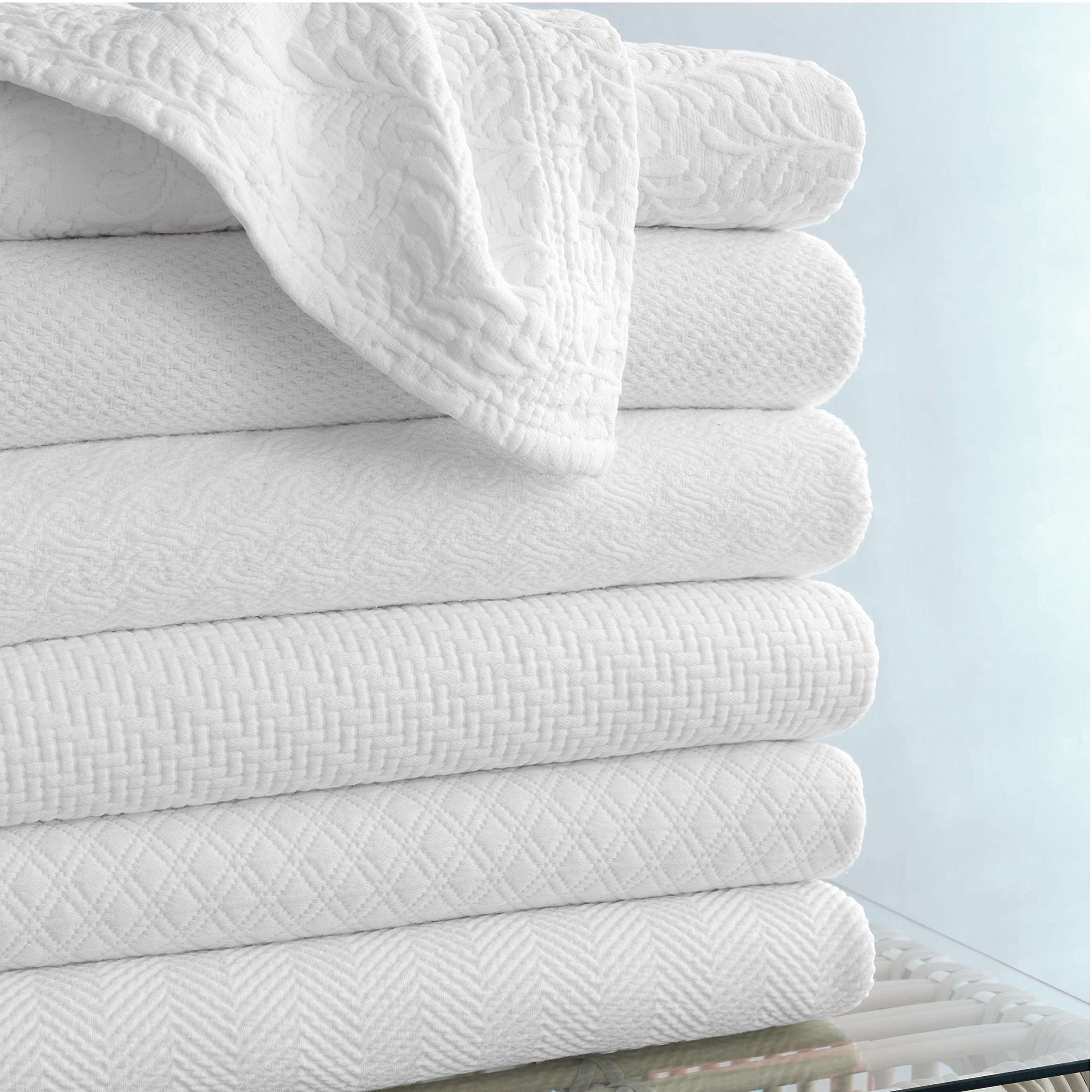Interlaken White Matelasse Coverlet - Queen Size Bedspread, Solid White Pattern, Luxury Bedding for Master Bedroom or Guest Room
