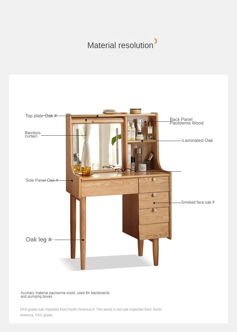 Solid Oak Wood Japanese Bamboo Curtain Dressing Table - Elegant Vanity Desk for Bedroom, Living Room, or Home Office Decor