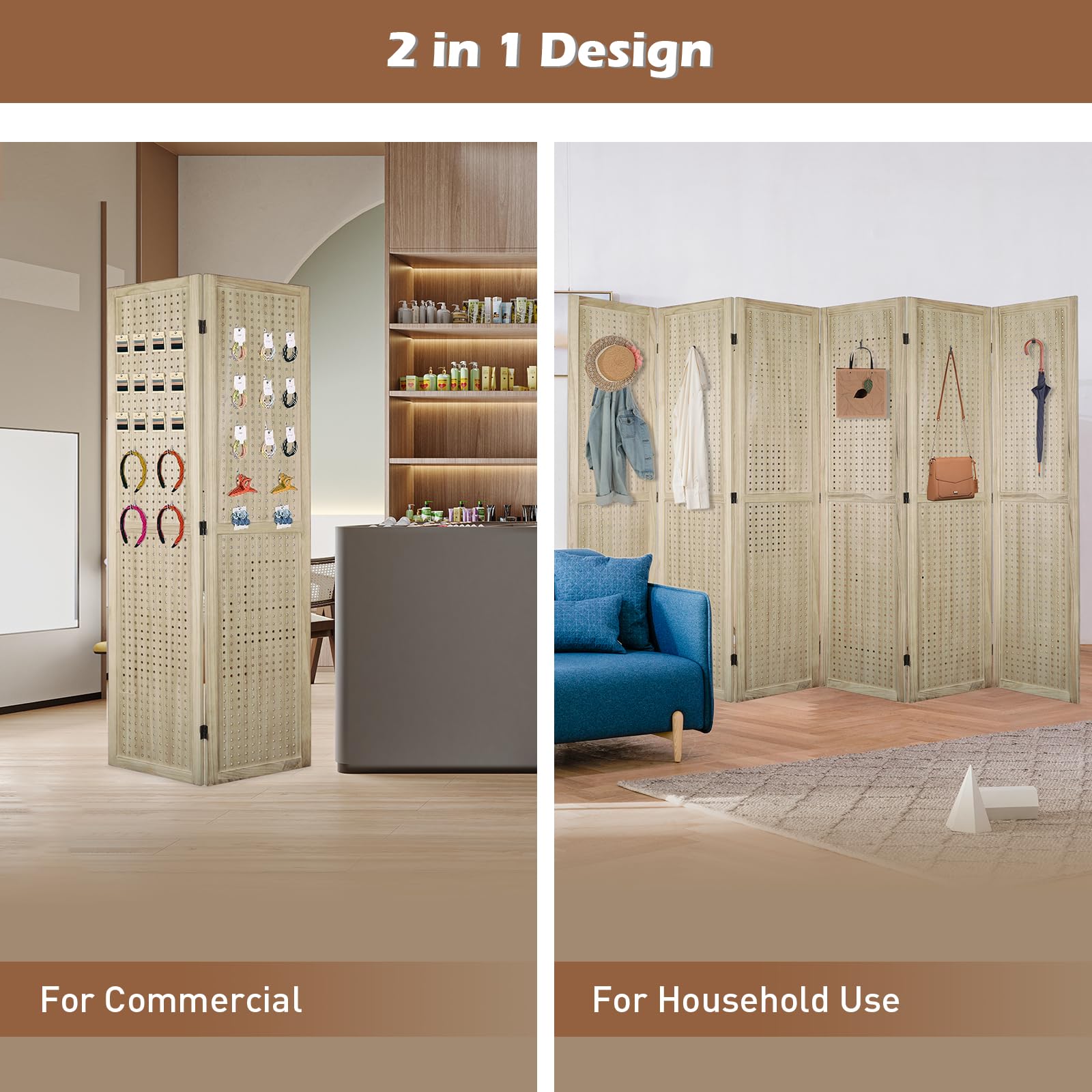 ECOMEX 6 Panel Wooden Room Divider - 5.6Ft Folding Privacy Screen & Pegboard Display for Home, Office, Trade Shows | Freestanding Wall Organizer | Natural Wood Finish | Perfect for Room Separation, Craft Displays & Retail Spaces