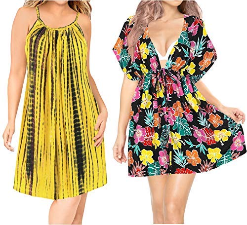 LA LEELA Women's Floral Print Boho Sundress - Loose Butterfly Sleeve Beach Dress & Cover Up - Pack of 2 - Comfortable Summer Maxi Dress for Beach Vacations, Pool Parties, Casual Wear & Work from Home | Perfect for Tropical Getaways, Music Festivals and Weekend Brunch