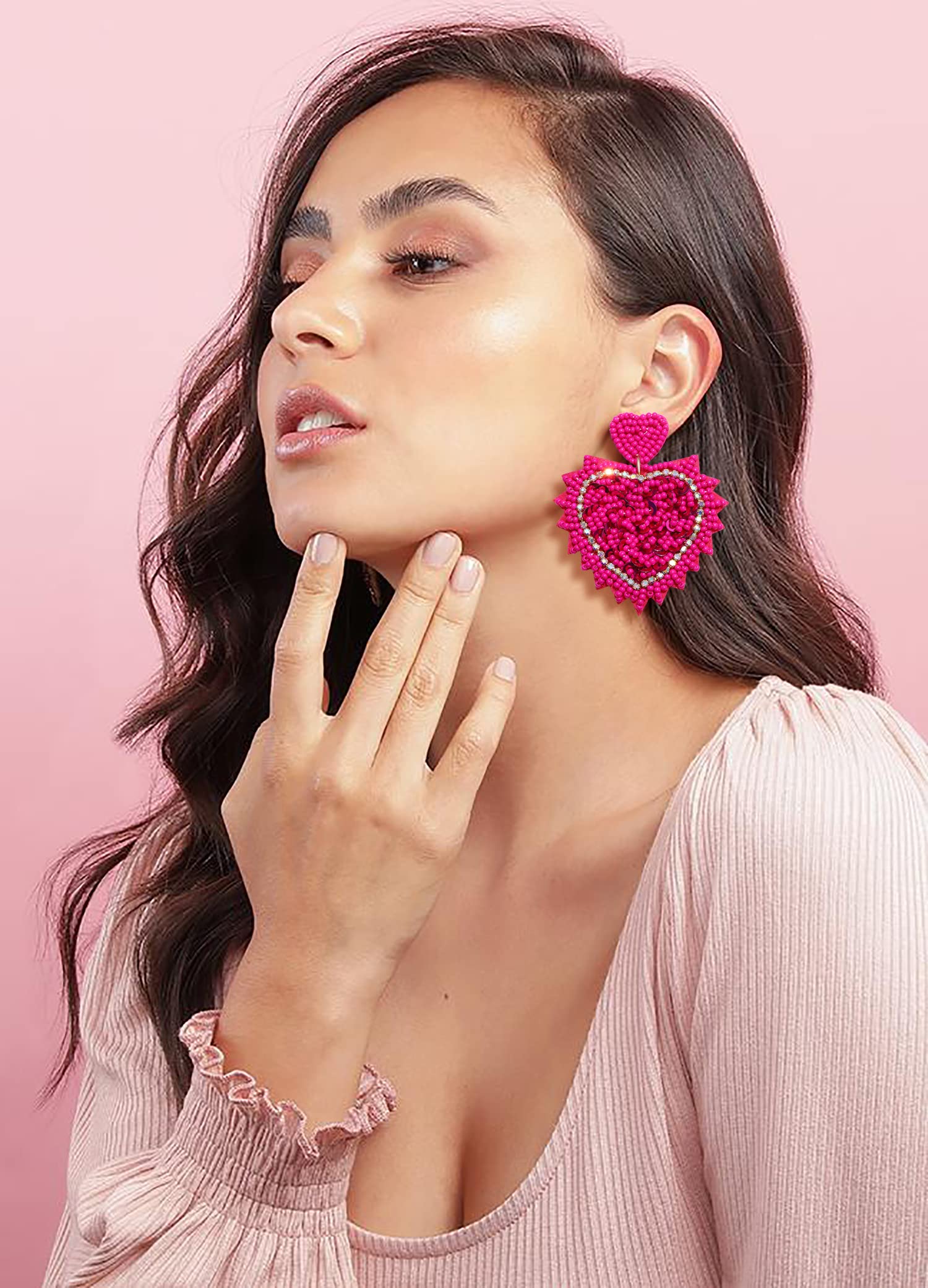 Valentine's Day Crystal Heart Earrings for Women - Handmade Rhinestone Beaded Dangle Earrings with Shimmering Love Heart Design | Romantic Jewelry Gift for Her, Anniversary, Date Night & Special Occasions
