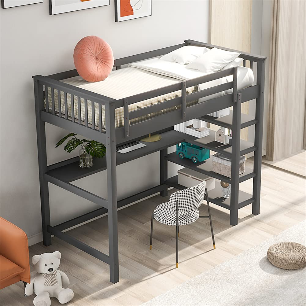**Pinewood Loft Bed with Built-In Desk & Storage Shelves for Kids & Teens - Twin Size Bed Frame with Guardrails, Under-Bed Workstation - Perfect for Small Bedrooms, Study Spaces & Dorm Rooms (Gray)**