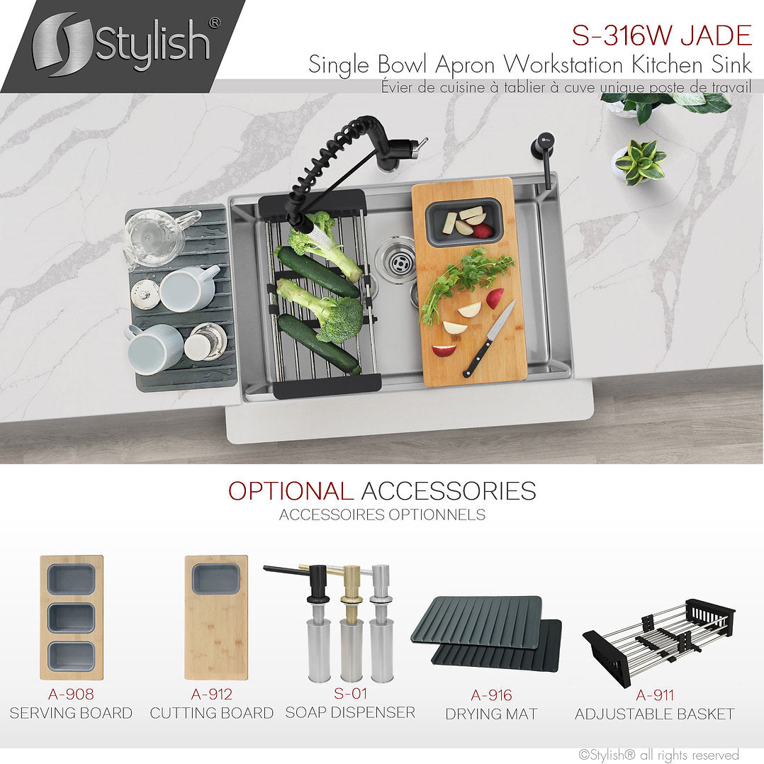 Stylish 30-Inch JADE S 316L Farmhouse Single Bowl Stainless Steel Apron Kitchen Sink with Accessories - Perfect for Modern Farmhouse & Rustic Style Kitchens