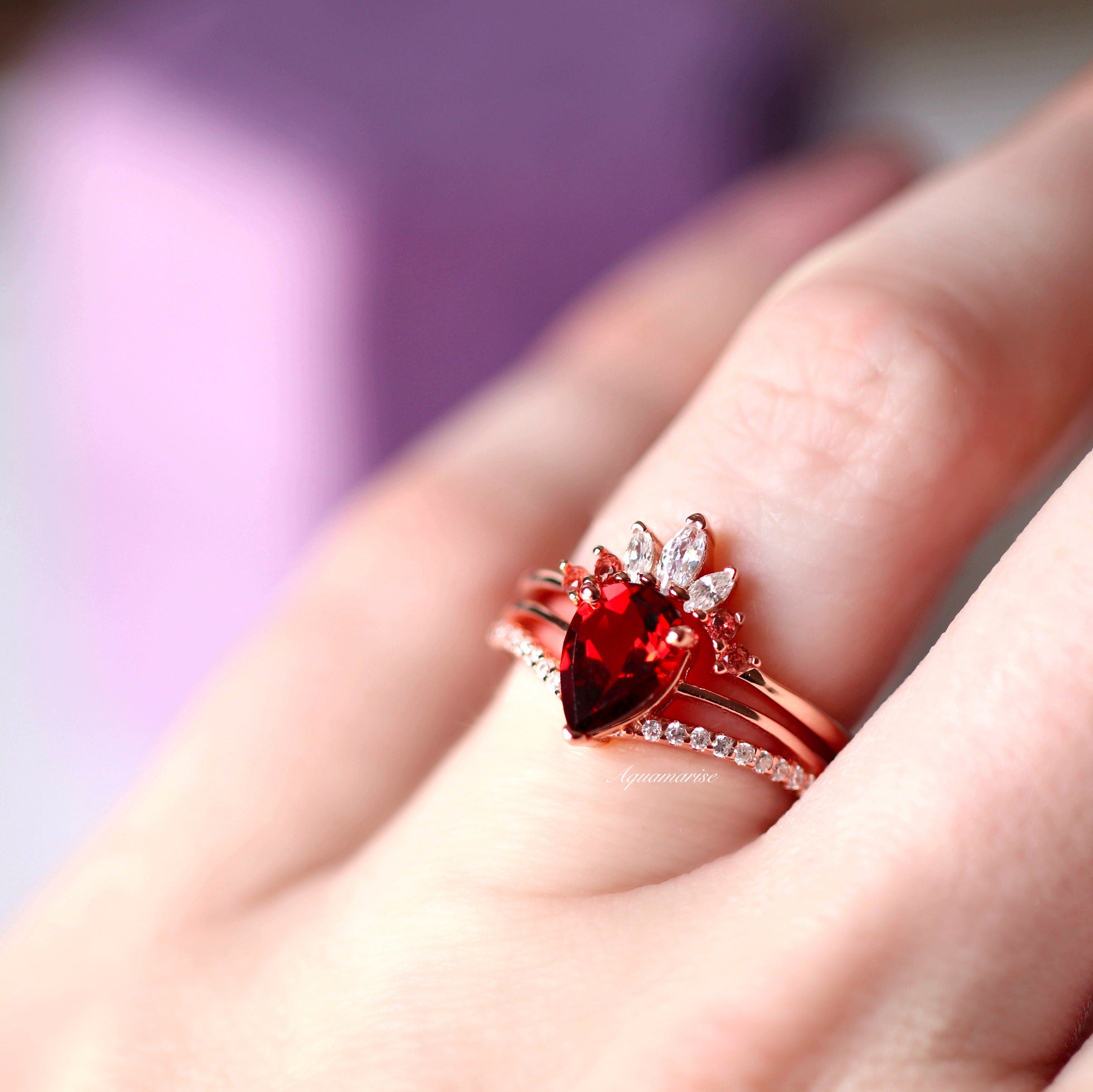14K Rose Gold Vermeil Dakota Garnet Ring Set for Women - Elegant Stackable Rings for Everyday Wear, Gift Giving & Special Occasions