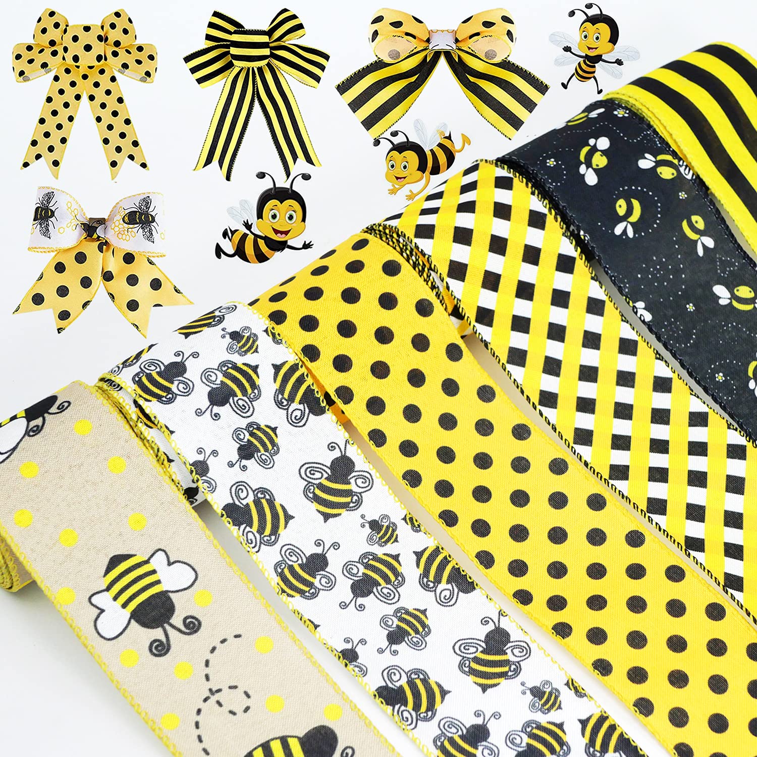 6 Rolls 40 Yards Bee Themed Wired Edge Ribbon - Honeybee Craft Ribbon for Gift Wrapping, Easter Decorations, Baby Shower & Birthday Party Supplies (DIY, Scrapbooking, Floral Arrangements)