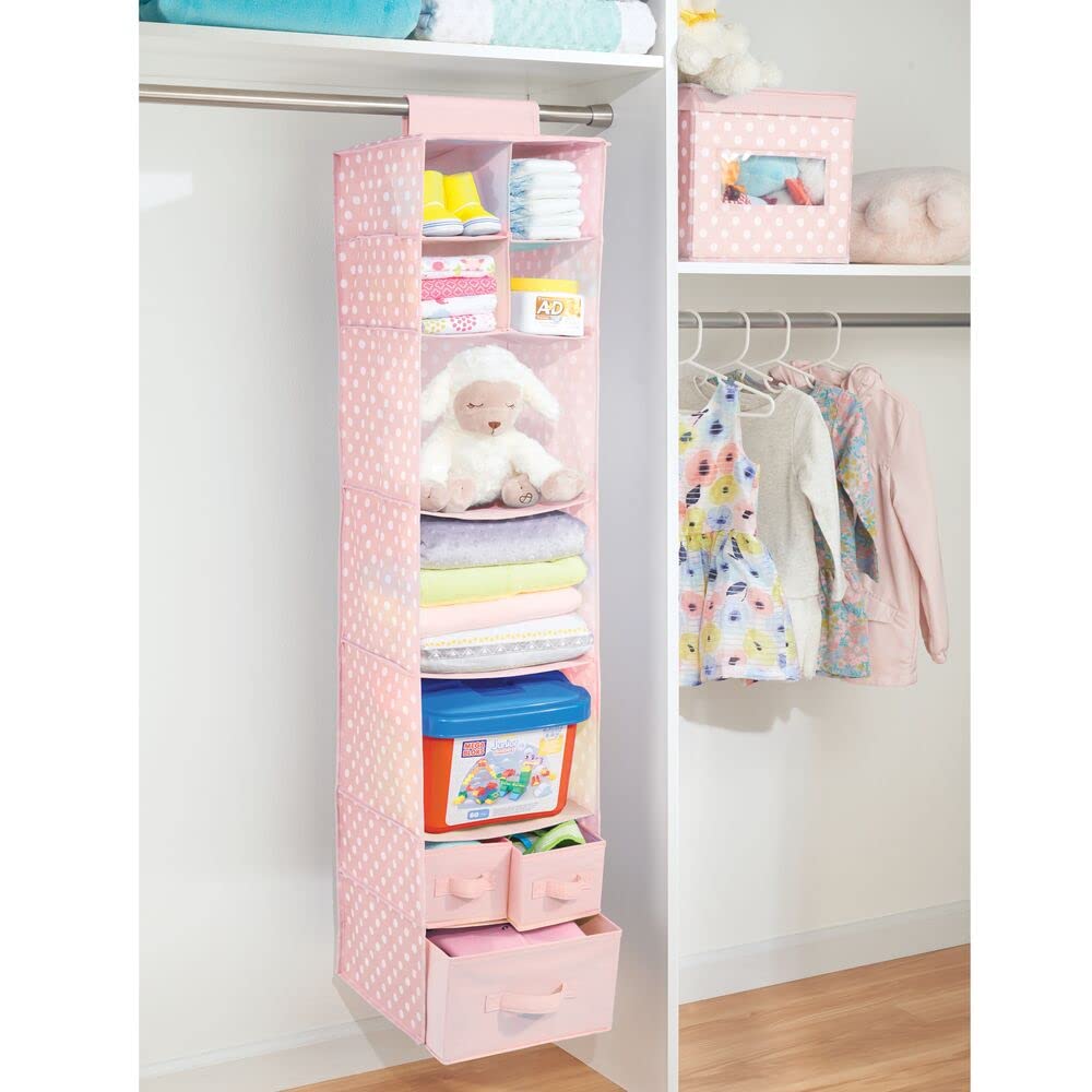 mDesign Fabric Hanging Closet Organizer with 7 Shelves & 3 Removable Drawers - Space Saving Storage for Baby Clothes, Toys & Accessories - Nursery & Bedroom Organization - Pink & White Polka Dot Pattern - Perfect for Small Spaces & Kids Room Storage