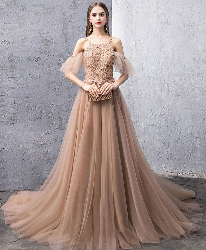 Elegant Champagne Tulle Lace Long Prom Dress & Evening Gown - Perfect for Homecoming, Formal Dances, Weddings, and Special Occasions
