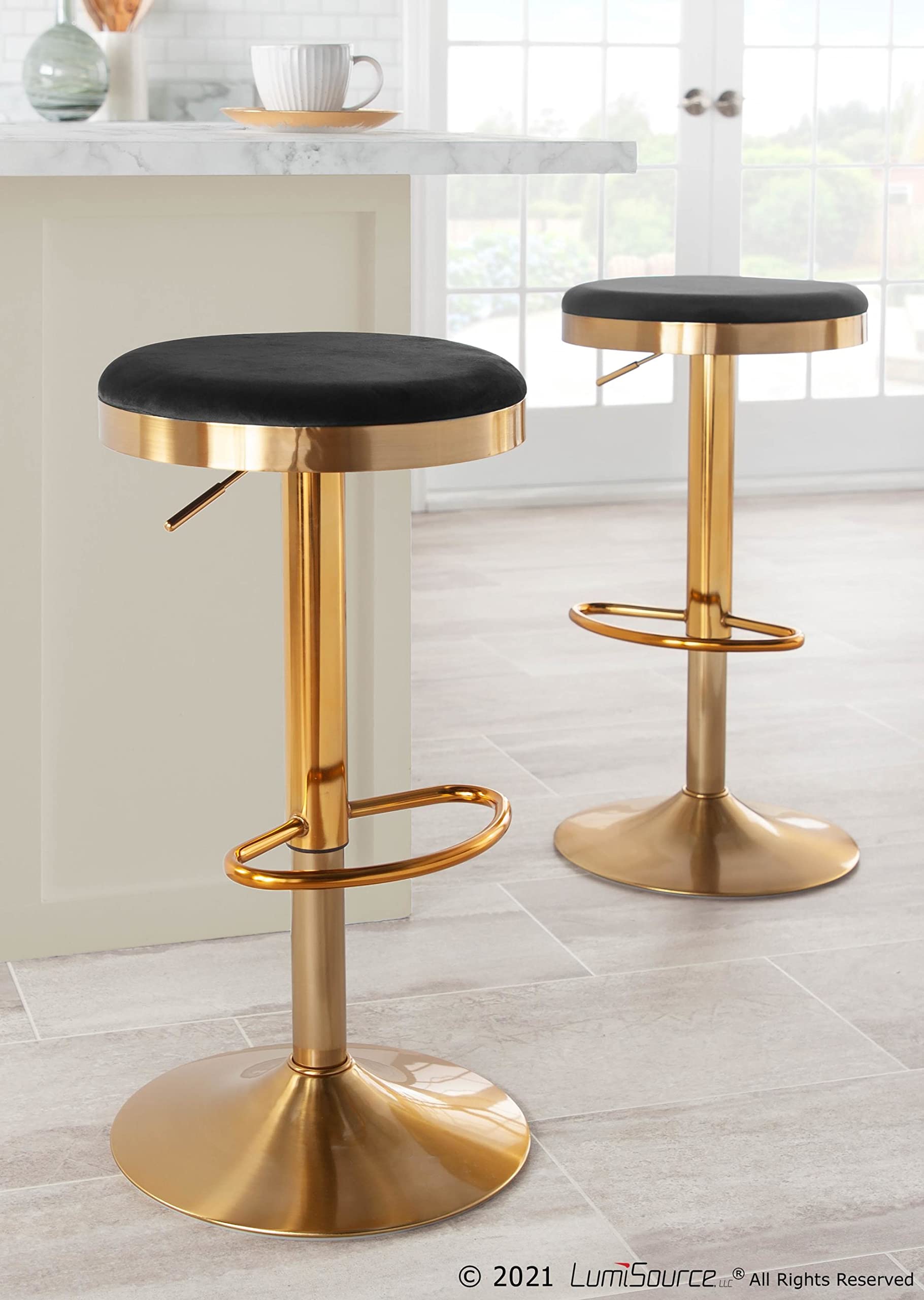 LumiSource Dakota Adjustable Swivel Bar Stool Set of 2 - Gold Upholstered Bar Height Stools for Kitchen Island, Home Bar & Counter Seating - Comfortable Bar Chairs with Back Support