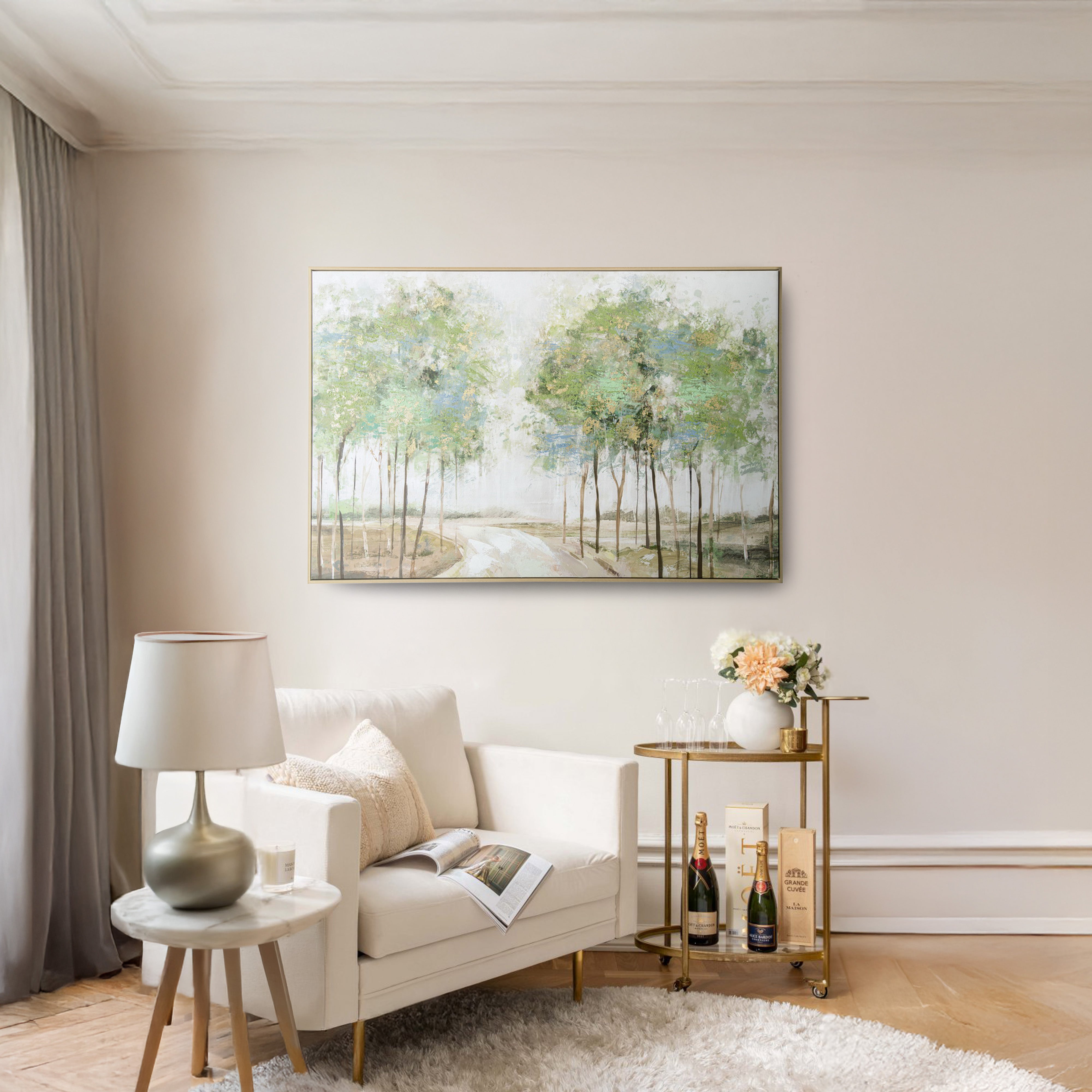 Urban Style Brushmarks Embellished Canvas Forrest Path Wall Art - Hand Painted Landscape Painting for Living Room, Bedroom & Office Decor