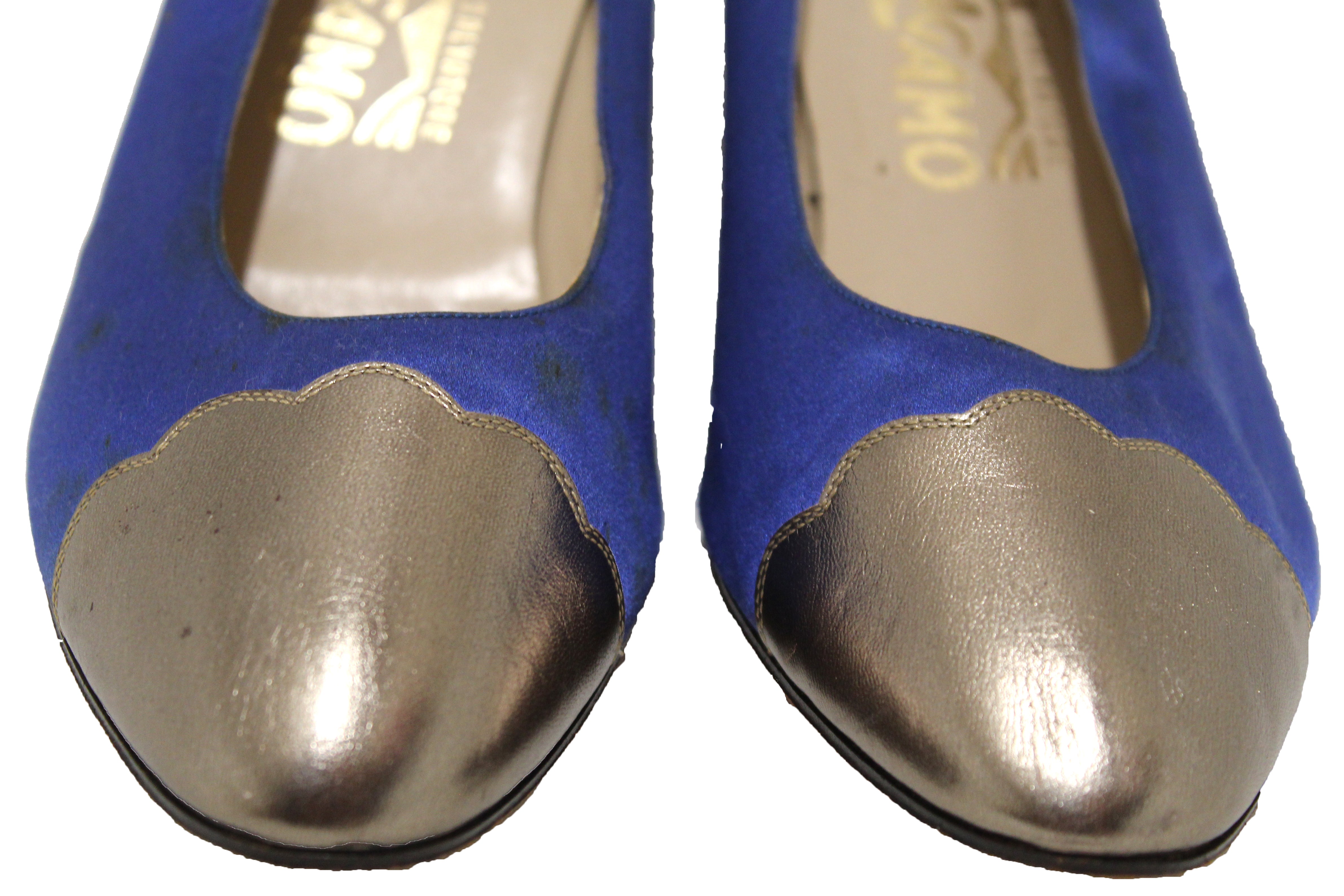 Authentic Salvatore Ferragamo Blue Satin & Grey Metallic Leather Pumps - Women's Size 7B (US) - Perfect for Weddings, Parties & Formal Occasions