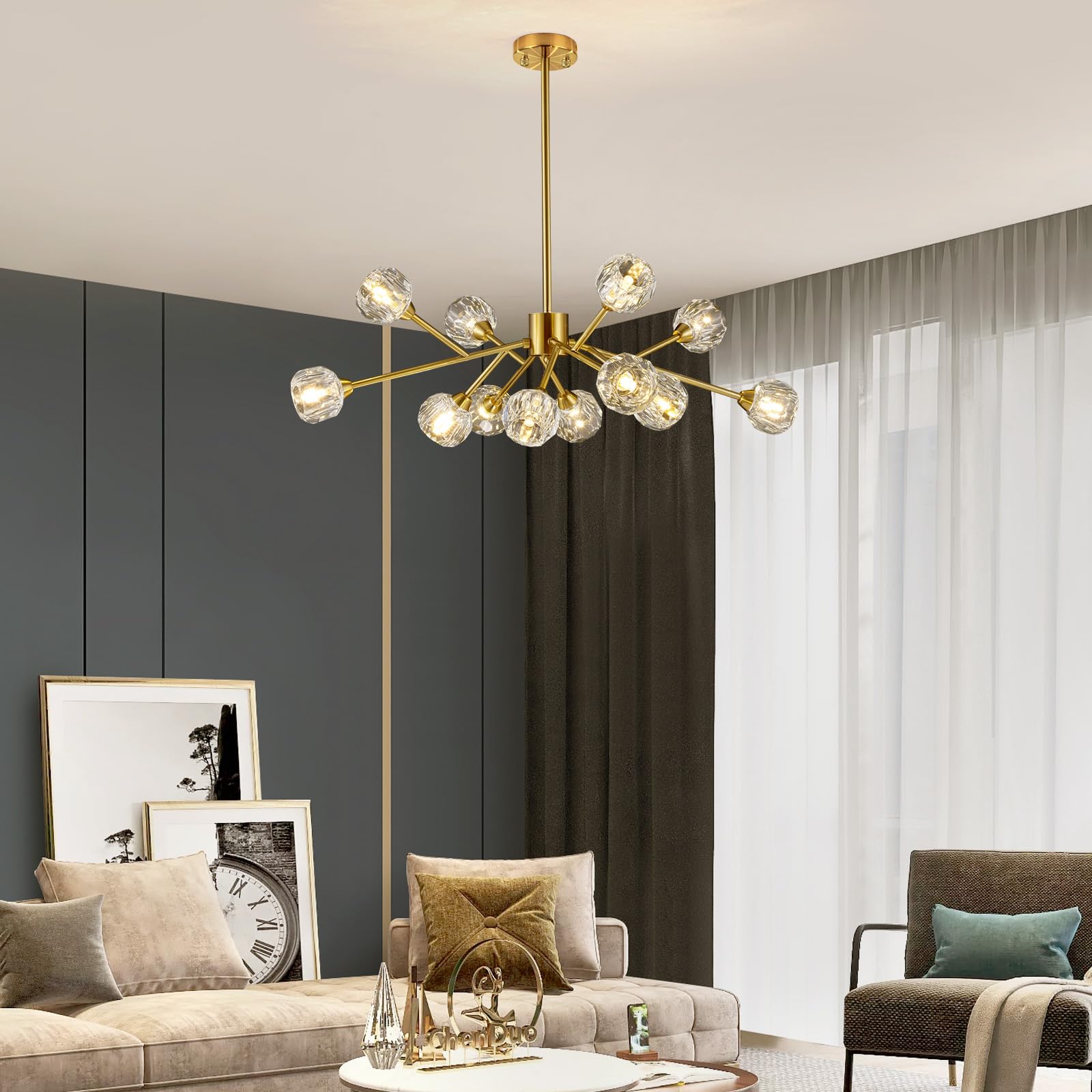 Modern Sputnik Chandelier - 12-Light Gold Crystal Pendant Lighting Fixture for Dining Room, Kitchen Island, Living Room | Mid-Century Ceiling Light for Home, Bedroom, Bar & Office Decor | Elegant Lighting Solution for Parties & Romantic Dinners