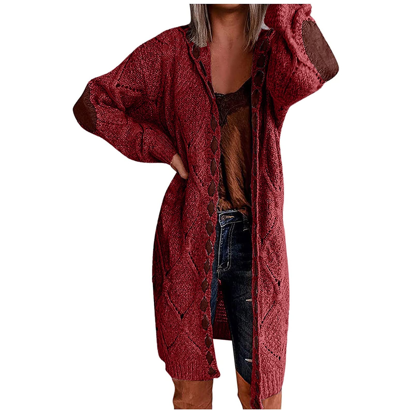 Women's Patchwork Knit Cardigan - Long Sleeve Open Front Soft Warm Sweater Coat for Winter | Extra Large Size | Perfect for Casual Outfits, Office Wear & Cozy Home Lounging