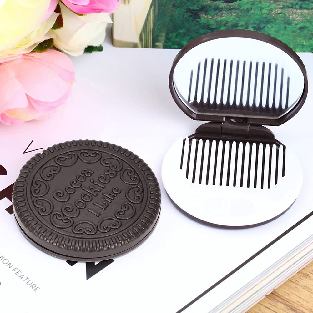 AKOAK Cute Cookie Shaped Makeup Mirror with Comb - Portable Chocolate Vanity Mirror Set of 2 - Perfect for Travel, Home Dressing Table & Gift Giving