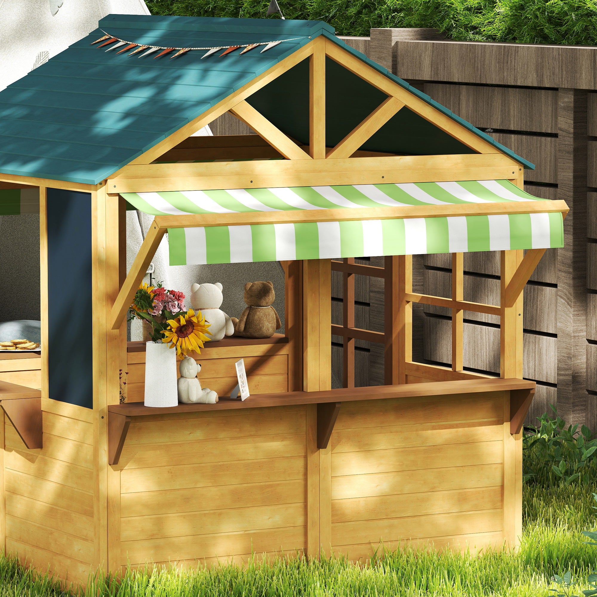 Qaba Wooden Foldable Outdoor Playhouse for Kids Ages 3-8 - Snack Bar, Working Door, Rain Cover & Chalkboard - Durable Brown Play House for Backyard, Garden & Indoor Pretend Play