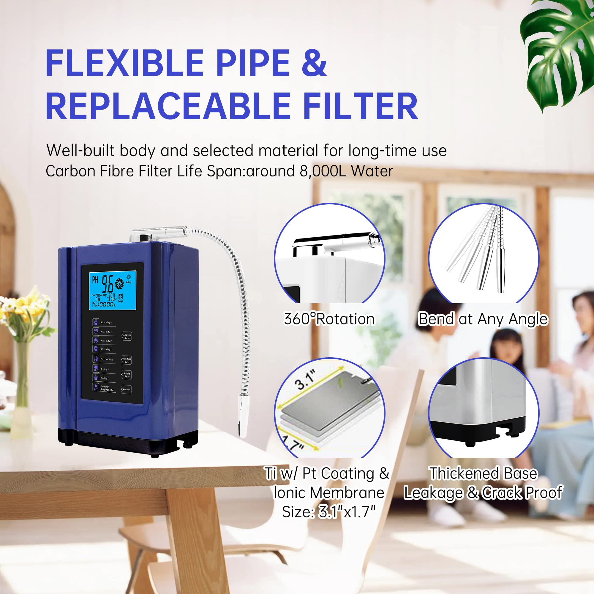 Premium Alkaline Water Ionizer Machine - pH 3.5-10.5 Adjustable, -500mV ORP, 8000L Filter Capacity, 7 Water Settings, Auto-Cleaning & Voice Control (Blue) - Perfect for Home, Office & Health Enthusiasts